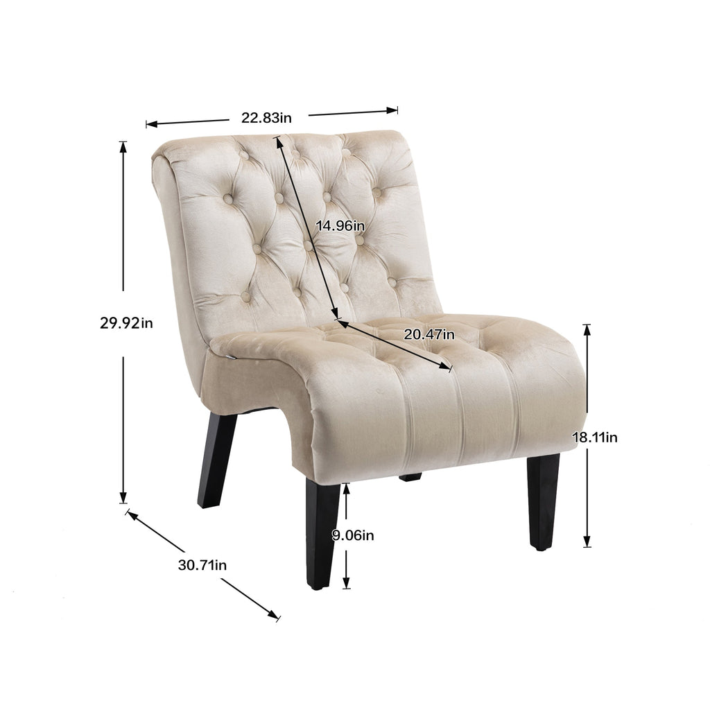 COOLMORE Modern Velvet Armless Accent Living Room Chair / Leisure Chair,Upholstered Fabric Button Comfortable Chair with Wooden Legs for Bedroom, Living Room, Office (Beige Velvet)