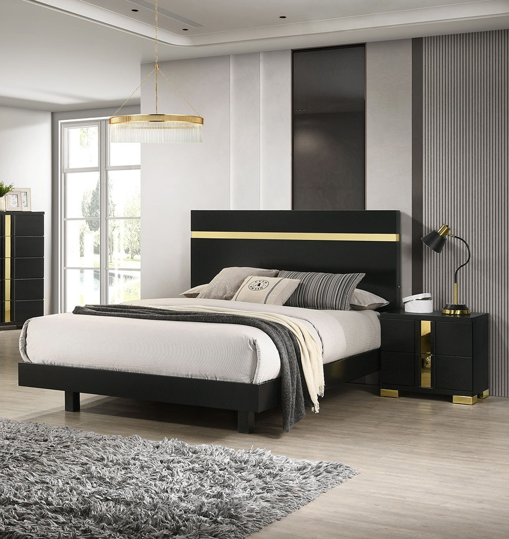 Modern Black 3pc Bedroom Set Queen Size Bed w LED 2x Nightstands Mattress Ready Furniture Acrylic Trim