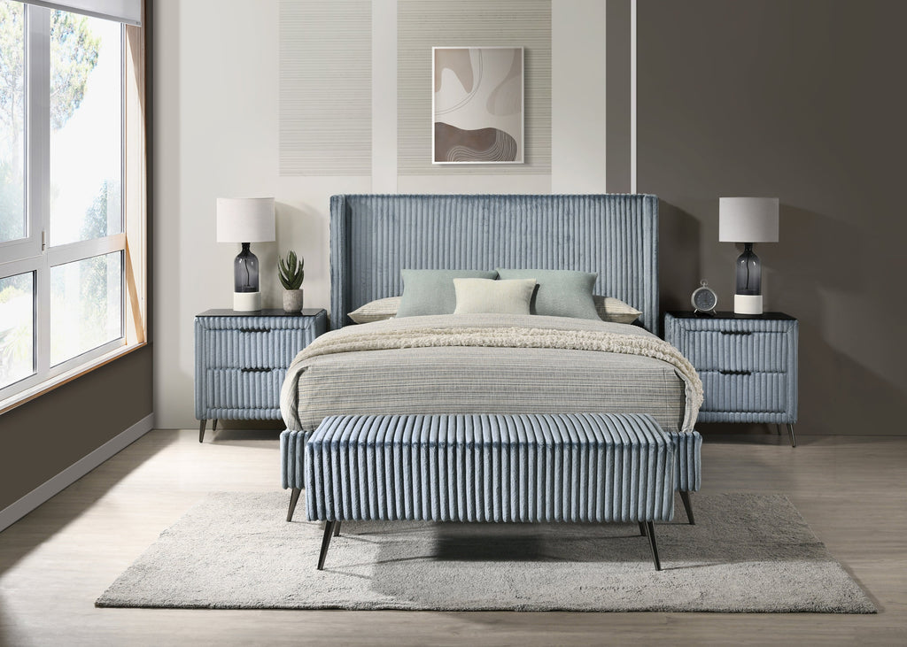 Mavela Wide Wale Corduroy Upholstery Panel Queen Bed with 2 Nightstands and Bench, Blue