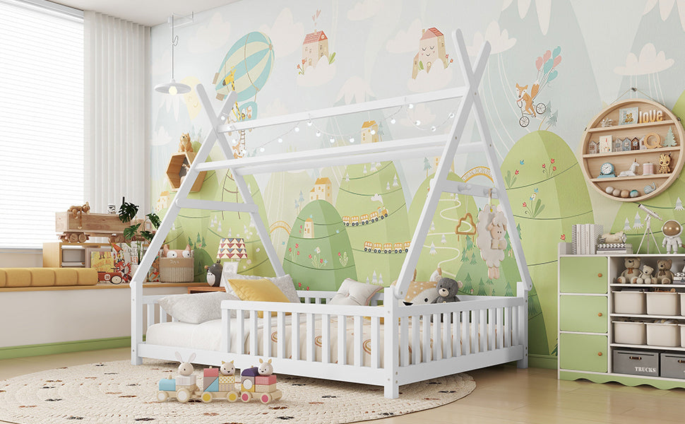Full House Bed with Light, Low Floor House Bed with Fence and Roof for Kids Boys Girls,White(Expect arrive date 2025/7/20)