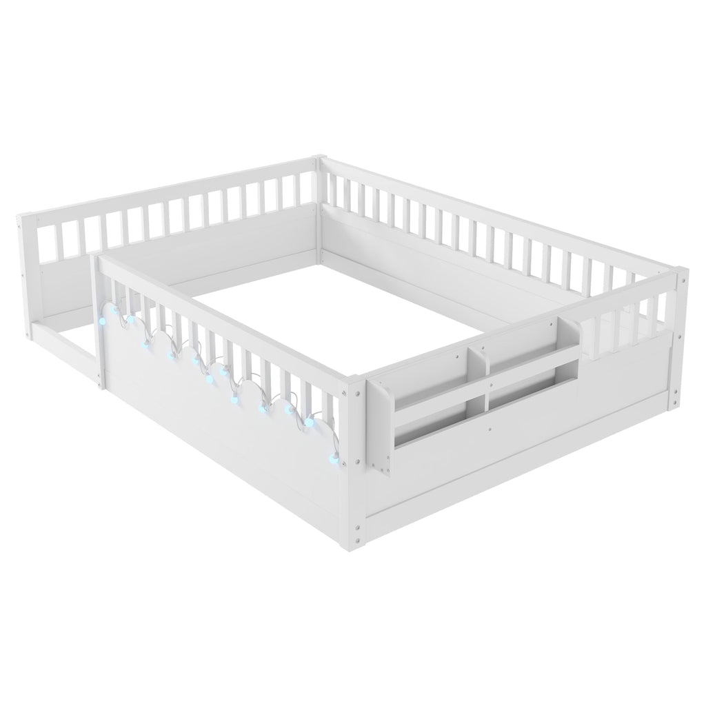 Full Montessori Floor Bed Frame with High Rails, Wood Kids Floor Beds with Light and Storage Shelf, White (Expect Arrival Date 2025/8/15)