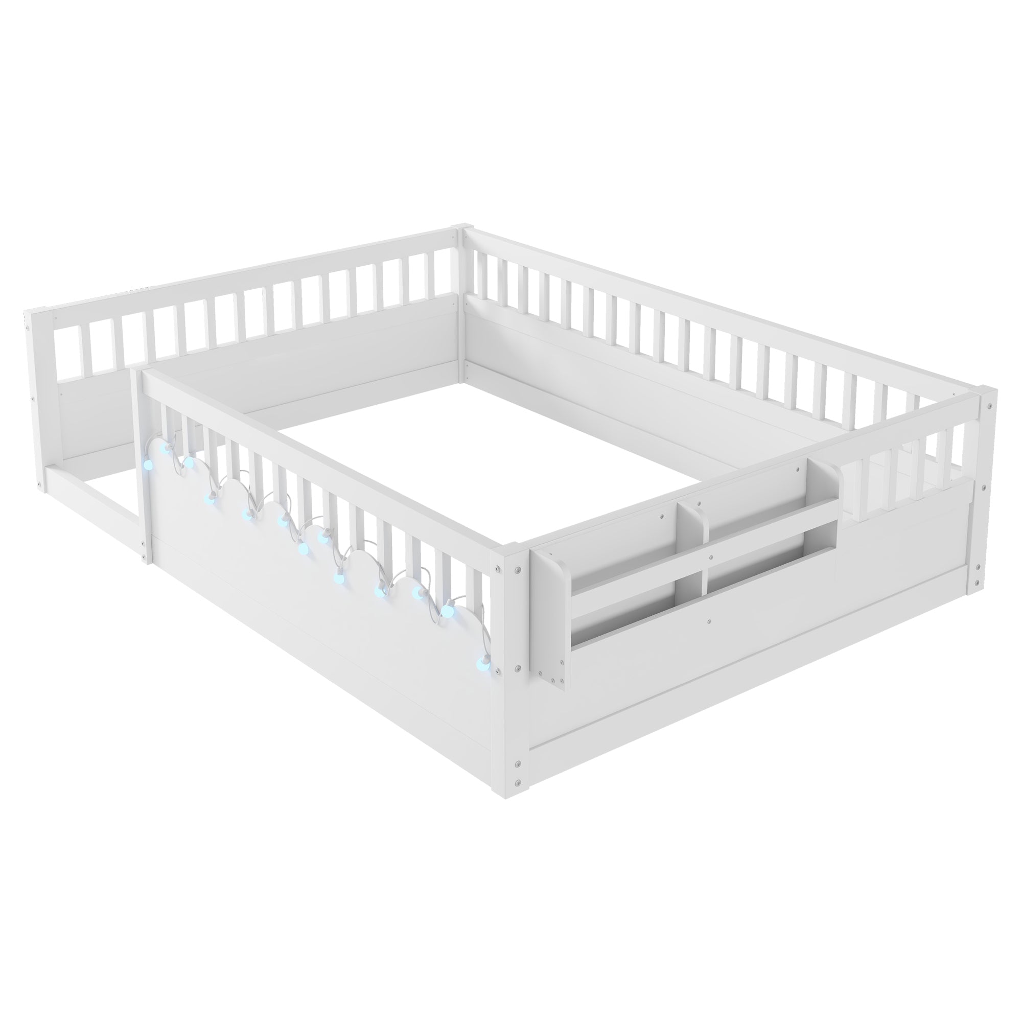 Full Montessori Floor Bed Frame with High Rails, Wood Kids Floor Beds with Light and Storage Shelf, White (Expect Arrival Date 2025/8/15)