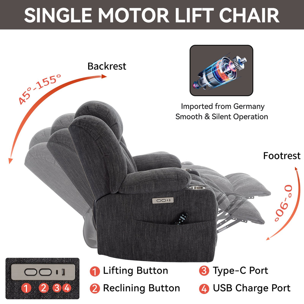 Up to 350 LBS Chenille Power Lift Recliner Chair, Heavy Duty Motion Mechanism with 8-Point Vibration Massage and Lumbar Heating, USB and Type-C Ports, Stainless Steel Cup Holders, Grey