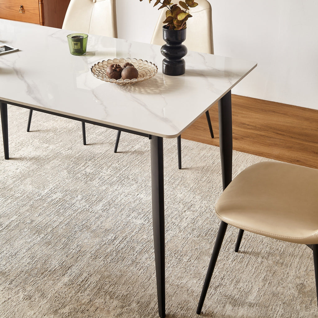 Mid Century Modern Dining Table 55 Inch Round White Sintered Stone Top Heavy Duty Metal Legs Waterproof Surface for Kitchen Dining Room or Office Furniture