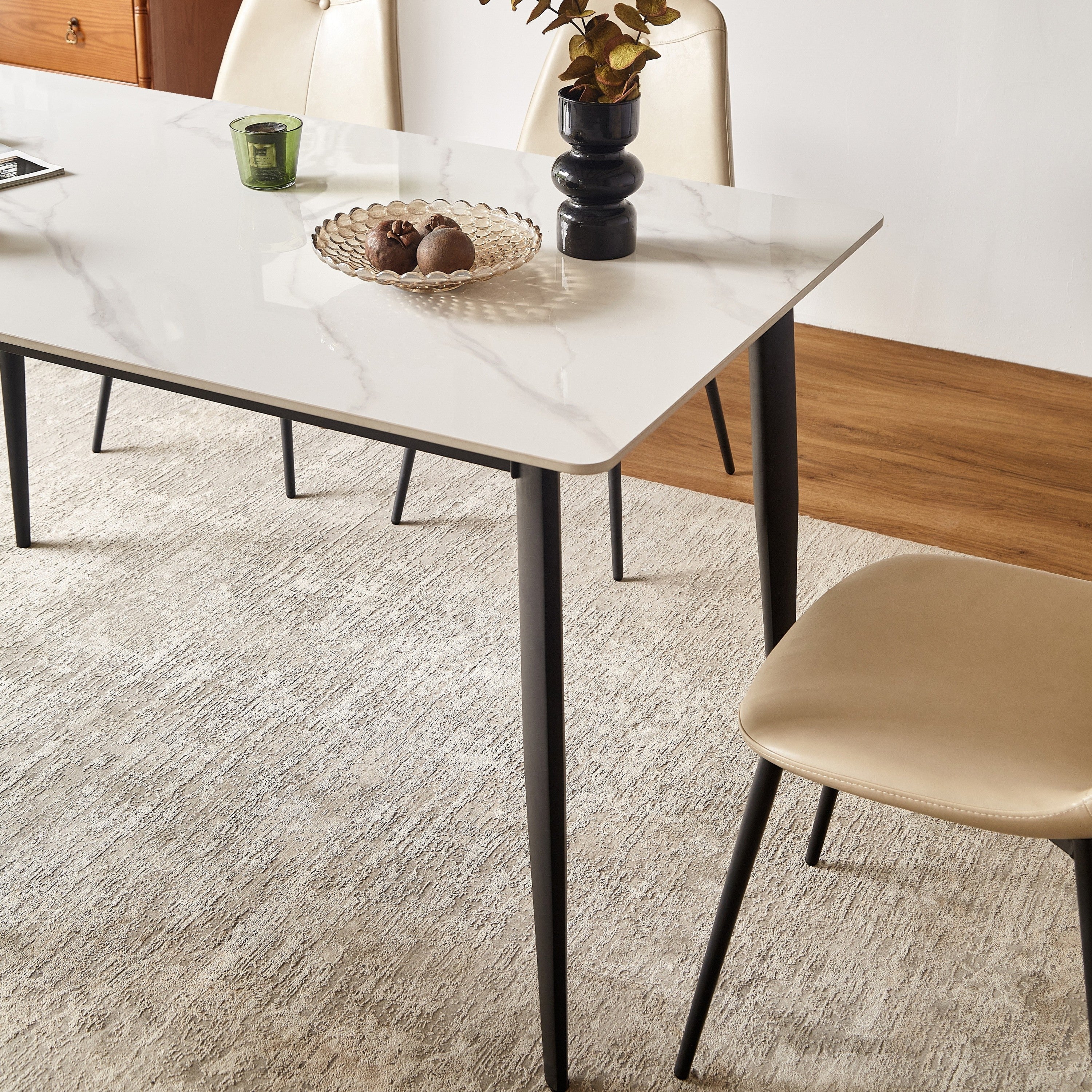 Mid Century Modern Dining Table 55 Inch Round White Sintered Stone Top Heavy Duty Metal Legs Waterproof Surface for Kitchen Dining Room or Office Furniture