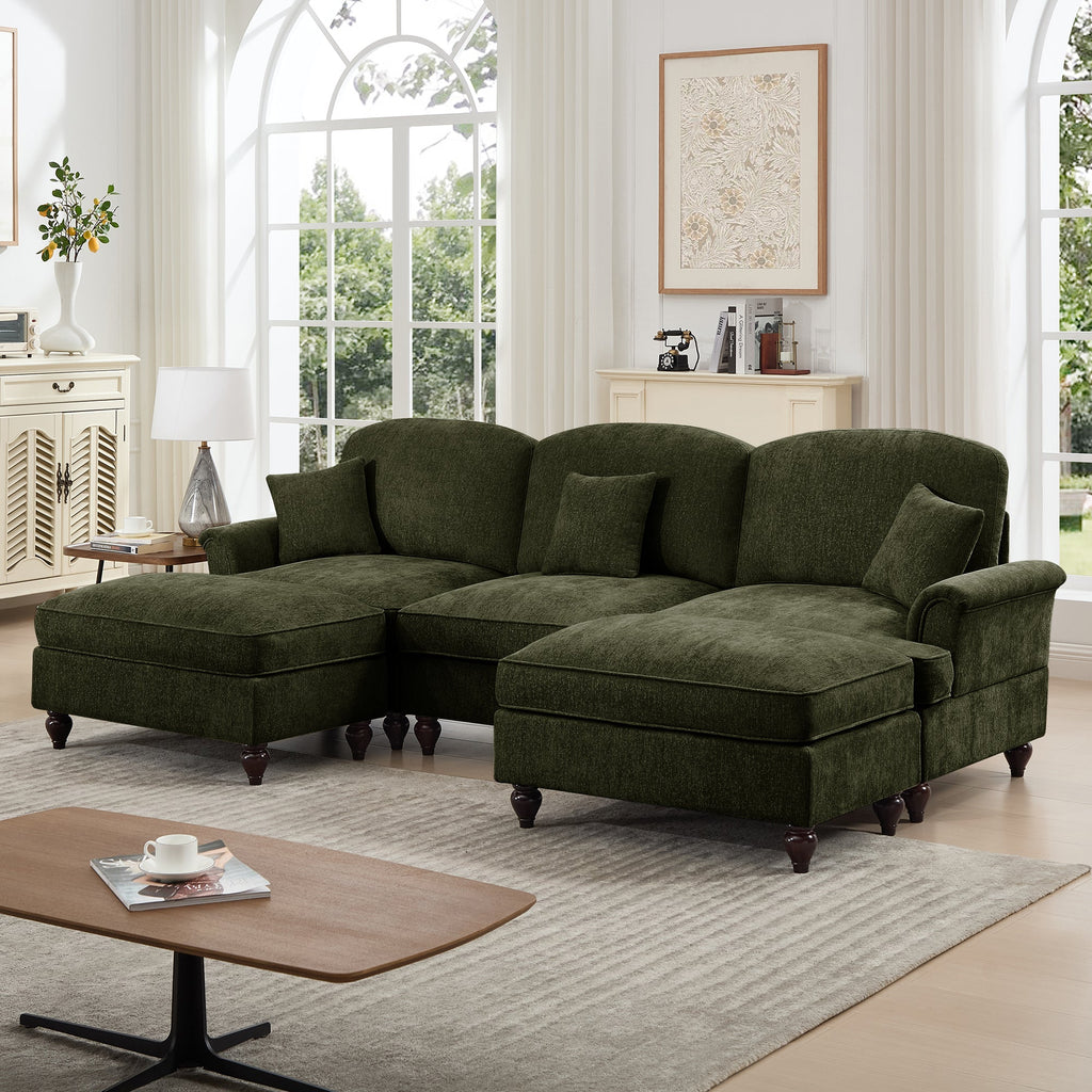 Classic Comfy Modular U Shape Sectional Sofa Couch with Flared Arms and Removable Ruffles Pleats Skirts and Spindle Legs, Upholstered Chenille Deep Seat Cloud Sofa with Movable Ottomans,Green