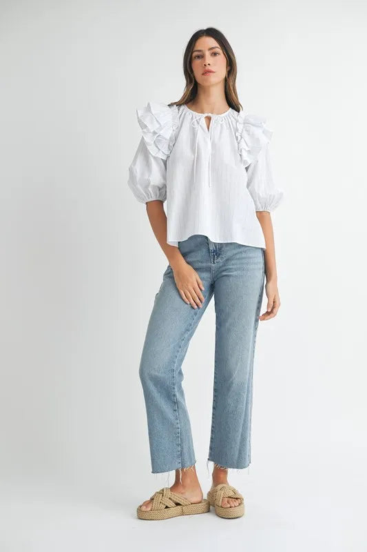 MABLE Stripe Ruffle Shoulder Puff Sleeve Blouse