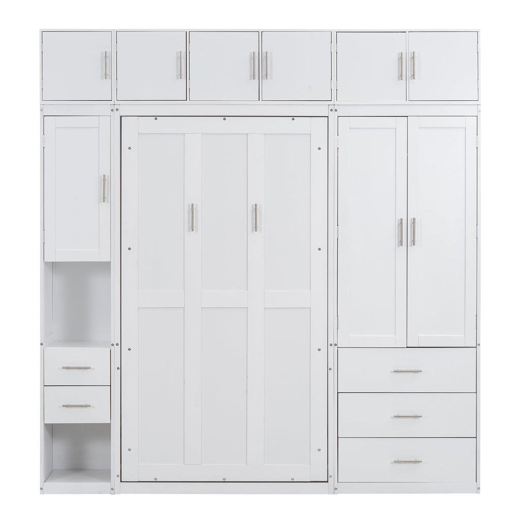 White Twin Size Murphy Bed with Lockers and Wardrobes, MDF+Pine, 93.2''L x 15.7''W x 99''H