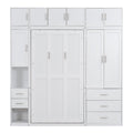 White Twin Size Murphy Bed with Lockers and Wardrobes, MDF+Pine, 93.2''L x 15.7''W x 99''H