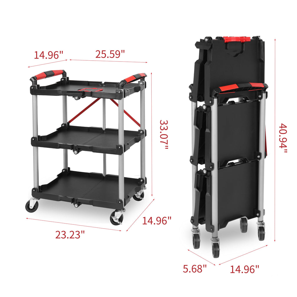 Foldable Utility Service Cart,  3 Shelf Heavy Duty Plastic Rolling Cart with 360° Swivel Wheels (2 with Brakes), Ergonomic Handle, Portable Garage Tool Cart for Warehouse Office Home