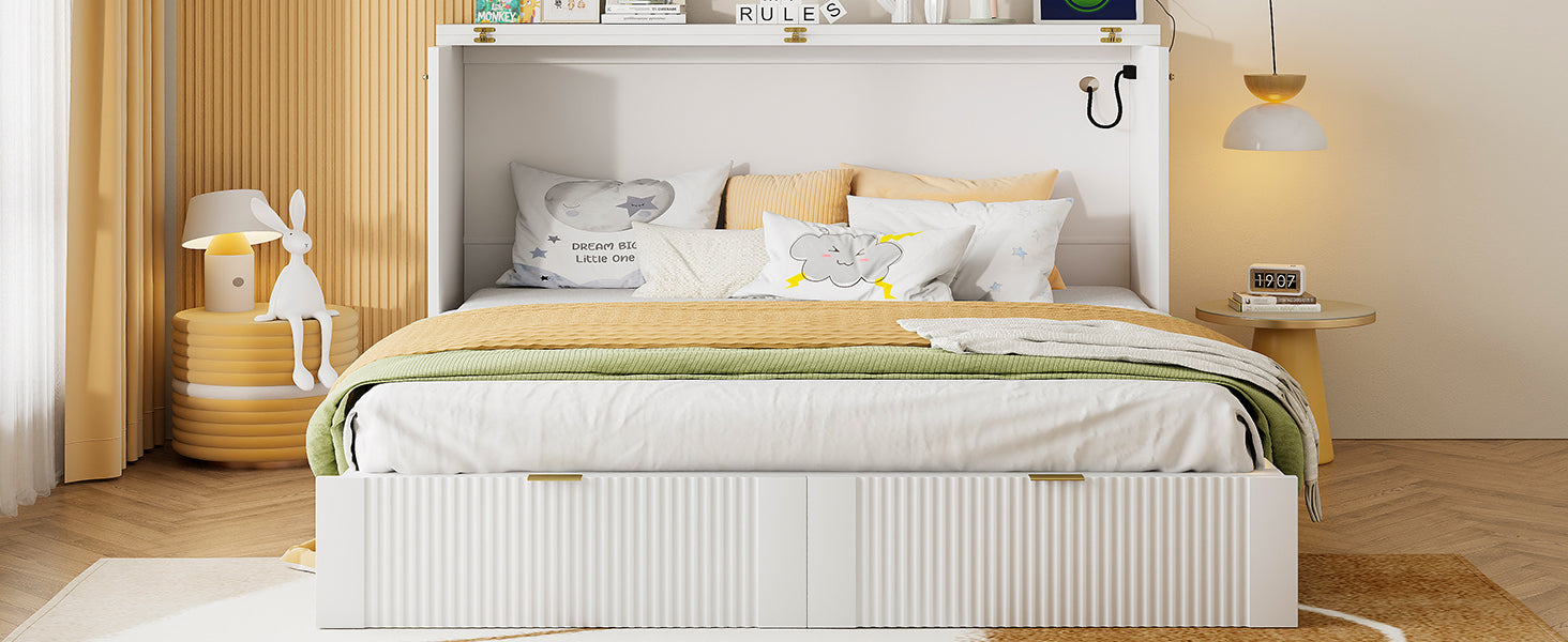 Queen Size Murphy  Bed with drawer and a set of Sockets & USB Ports, Pulley Structure Design, White