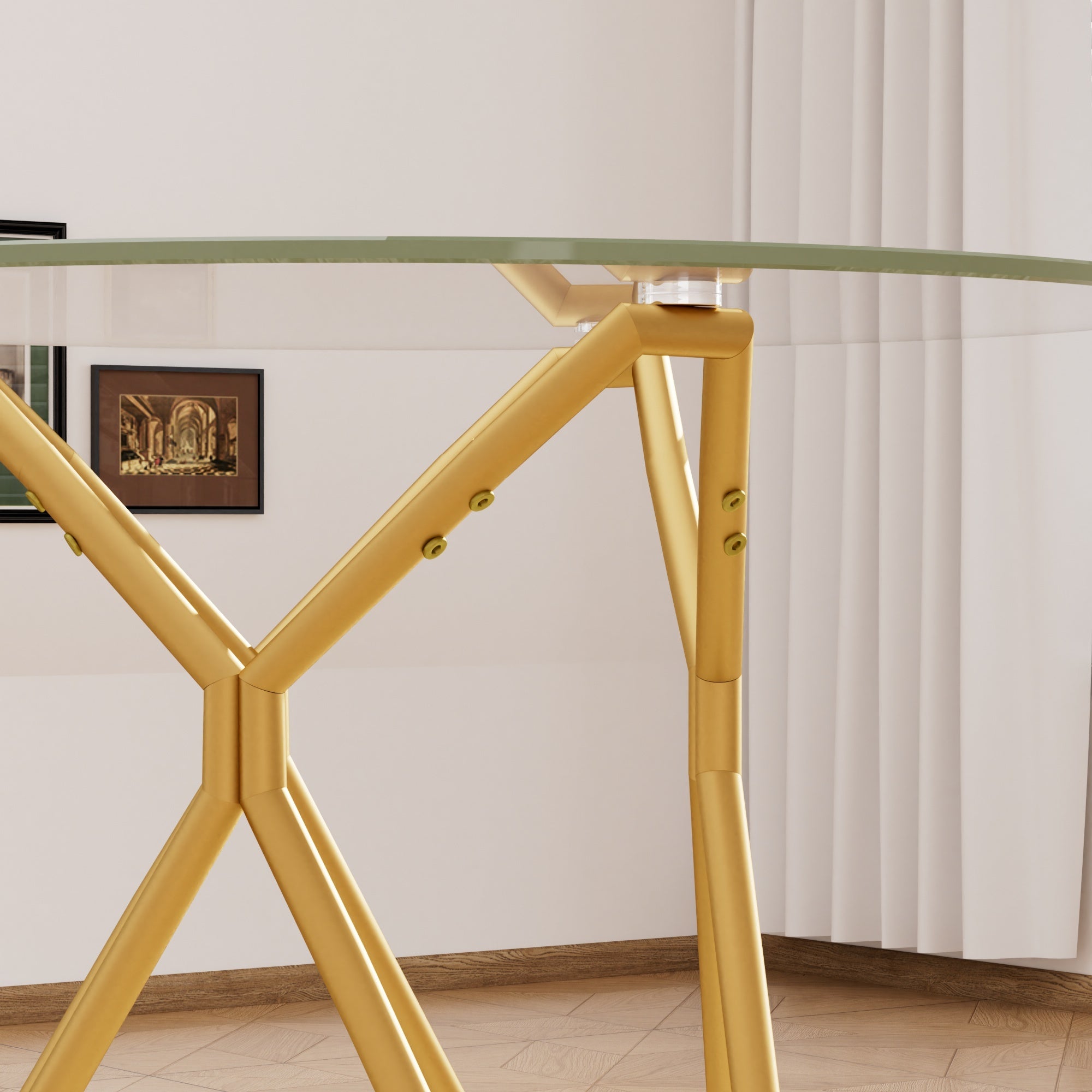 Modern Round Tempered Glass Dining Table with Sturdy Metal Legs for 1-4 People, Gold, 35.4 Inches