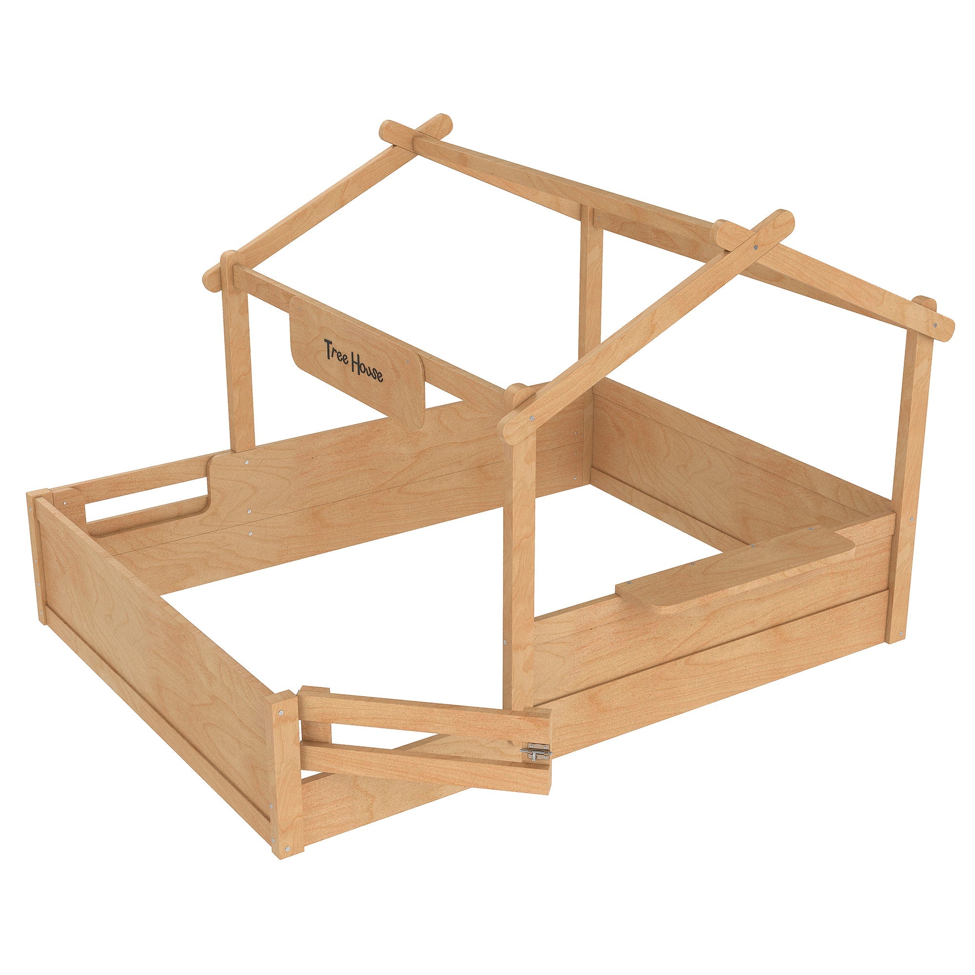 Full Size Floor Bed with Guardrails and Roof, Kids House Floor Bed with a Small Built-in Tray and Free-installed Signboard, Childlike Design, Natural