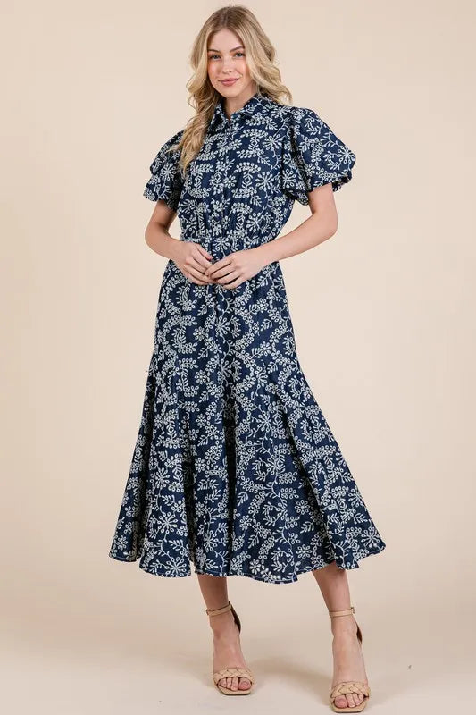 GeeGee Natural Leaf Pattern Eyelet Lace Puff Sleeve Dress