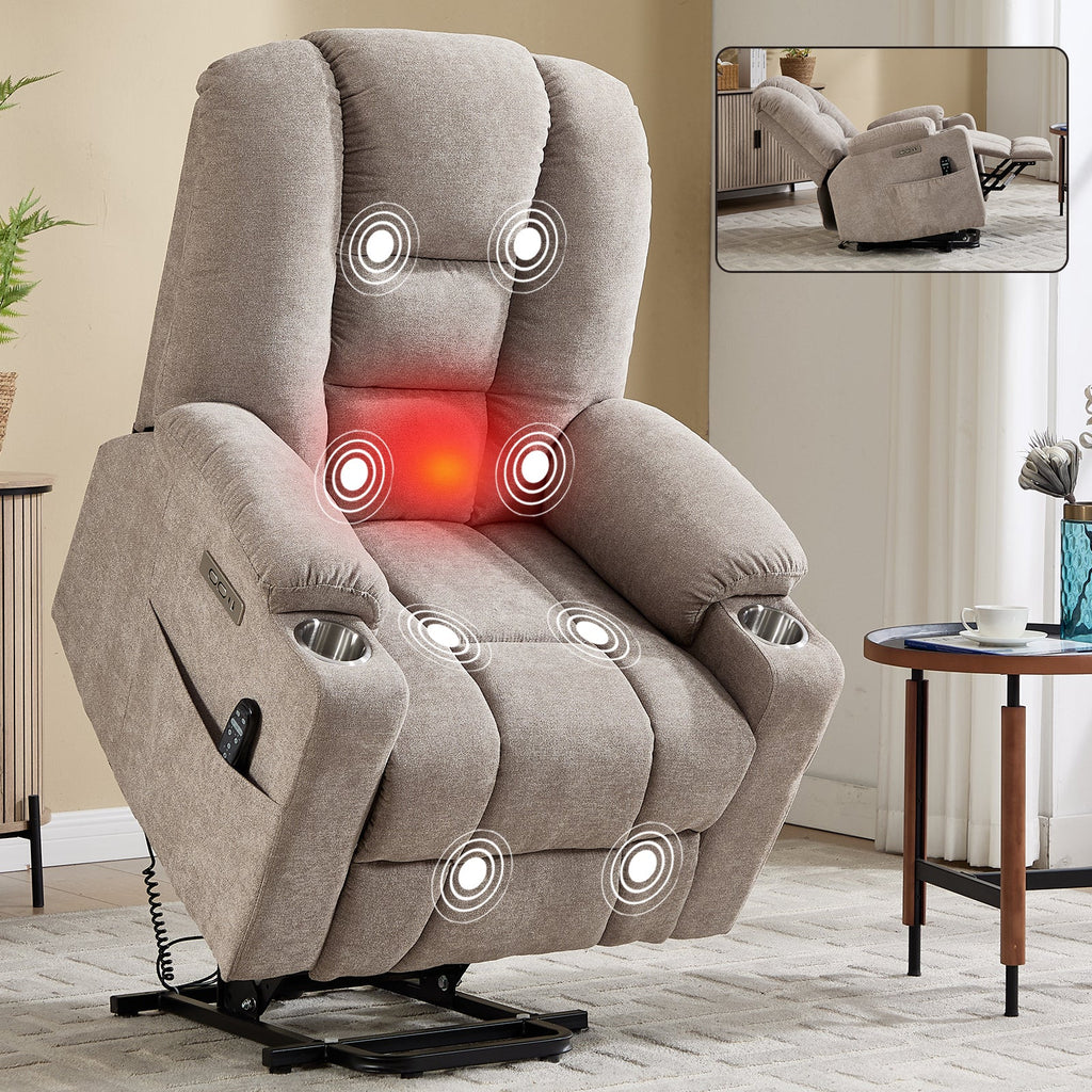 Power Lift Recliner Chair with Massage and Heat for Elderly, Overstuffed Wide Recliners, Heavy Duty Motion Mechanism with USB and Type C Ports, 2 Steel Cup Holders, Khaki