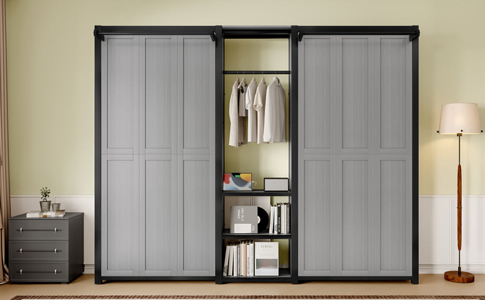 Twin and Twin Murphy Bed, Metal Foldable Murphy Bed with Wardrobe, Shelves and Power Outlets, 2 in 1 Design, Space-saving, Gray