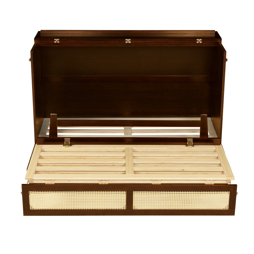 Queen Size Murphy Bed, Pine Wood Cabinet Bed with Rattan Decoration and Storage Drawer,Walnut