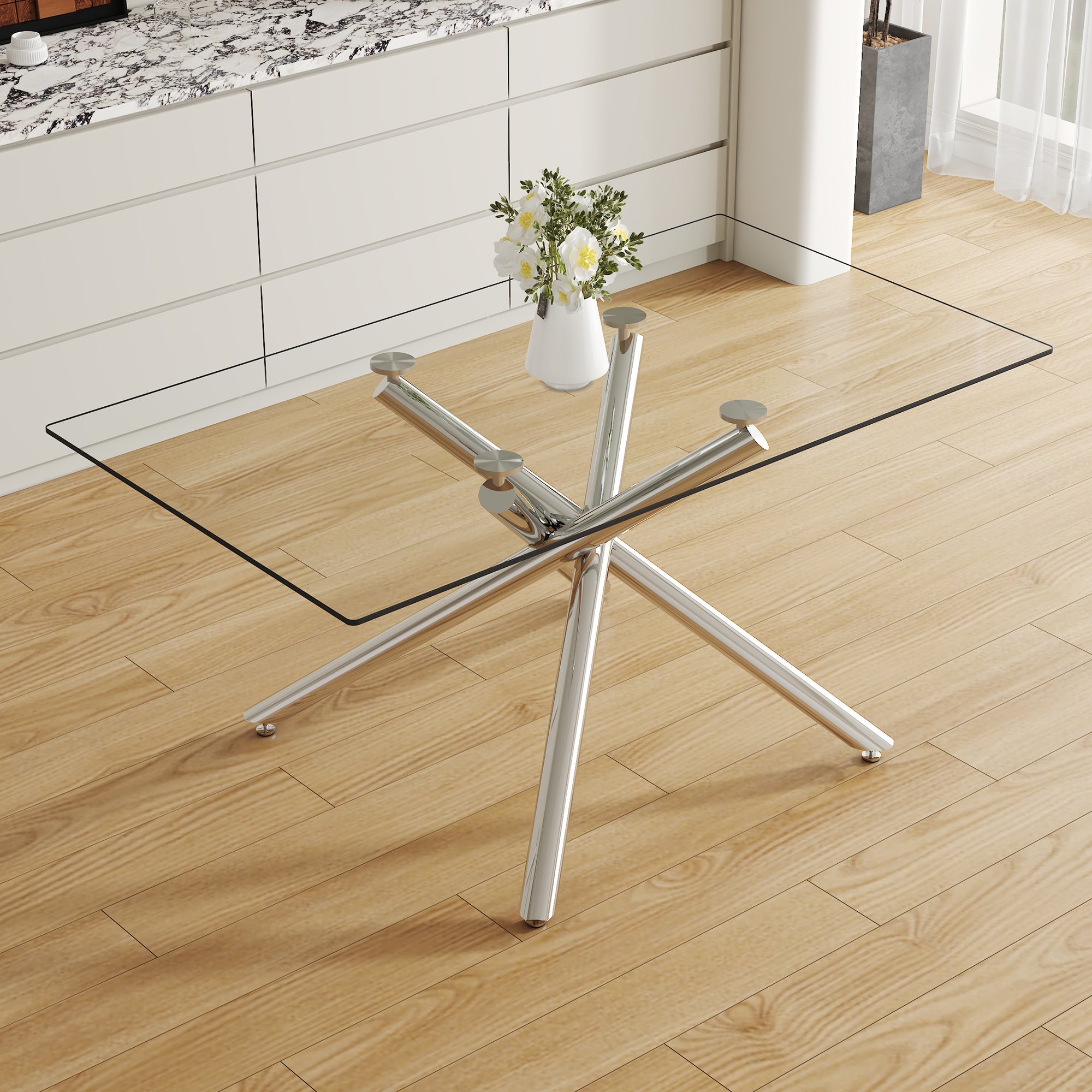 Large Modern Minimalist Rectangular Glass Dining Table with 0.39' Tempered Glass Tabletop and Silver Chrome Metal Legs, for Kitchen Dining Living Meeting Room Banquet hall,63''x35''x 29''W1151S00191