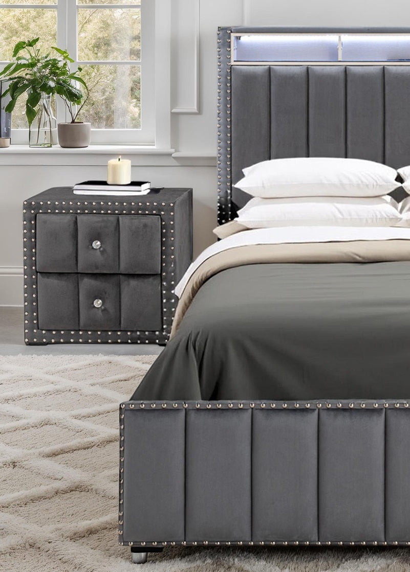 Contemporary 3pc Bedroom Set Full Size Bed 2x Nightstands Bedroom Furniture Dark Gray Fabric Upholstered Bedframe w LED Nailhead Trim