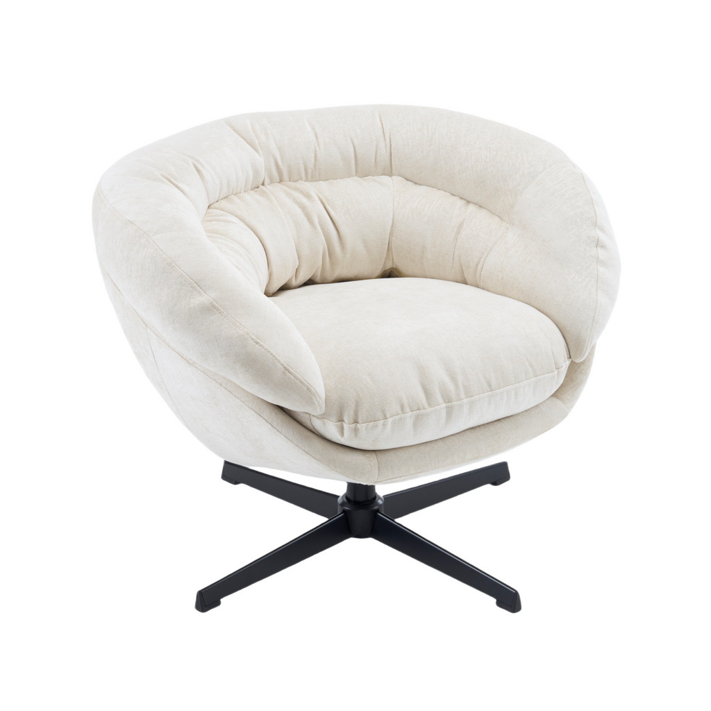 Modern Chenille Office Chair, 360° Swivel Club Chair/Accent Chair with Removable Cushion, Round Office Chair, Black Metal Base, Cotton Material, Living Room, Bedroom, Reading Corner, Office (Beige)