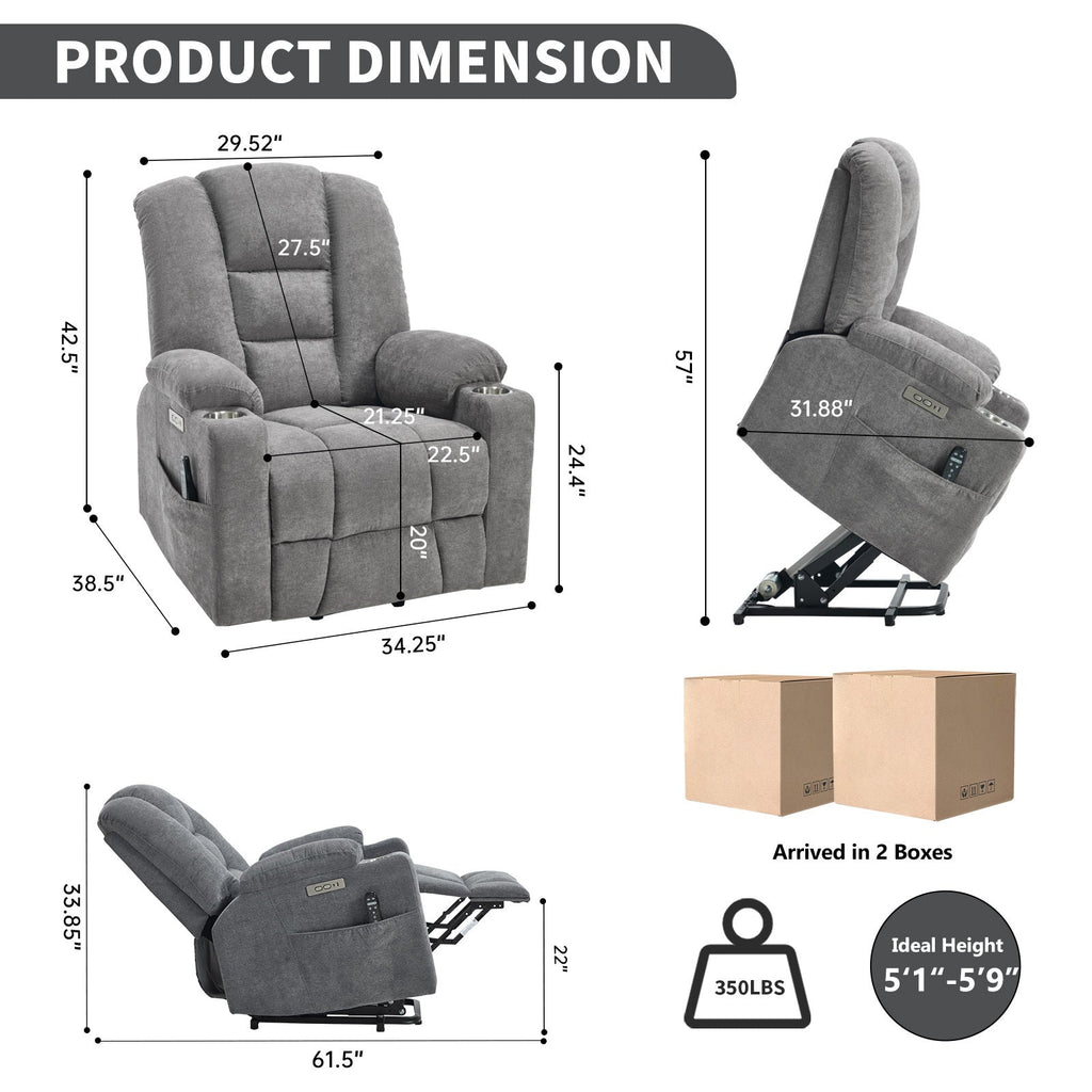 Power Lift Recliner Chair with Massage and Heat for Elderly, Overstuffed Wide Recliners, Heavy Duty Motion Mechanism with USB and Type C Ports, 2 Steel Cup Holders, Light Grey
