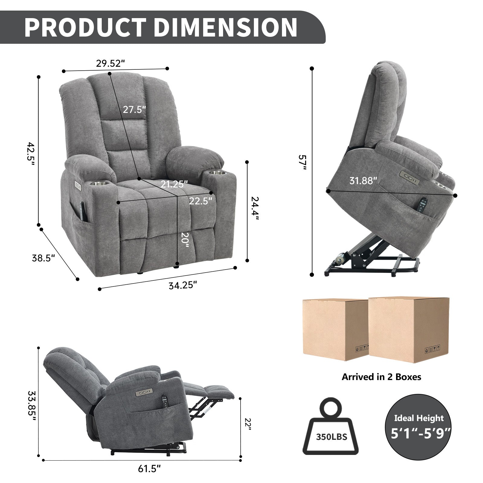 Power Lift Recliner Chair with Massage and Heat for Elderly, Overstuffed Wide Recliners, Heavy Duty Motion Mechanism with USB and Type C Ports, 2 Steel Cup Holders, Light Grey