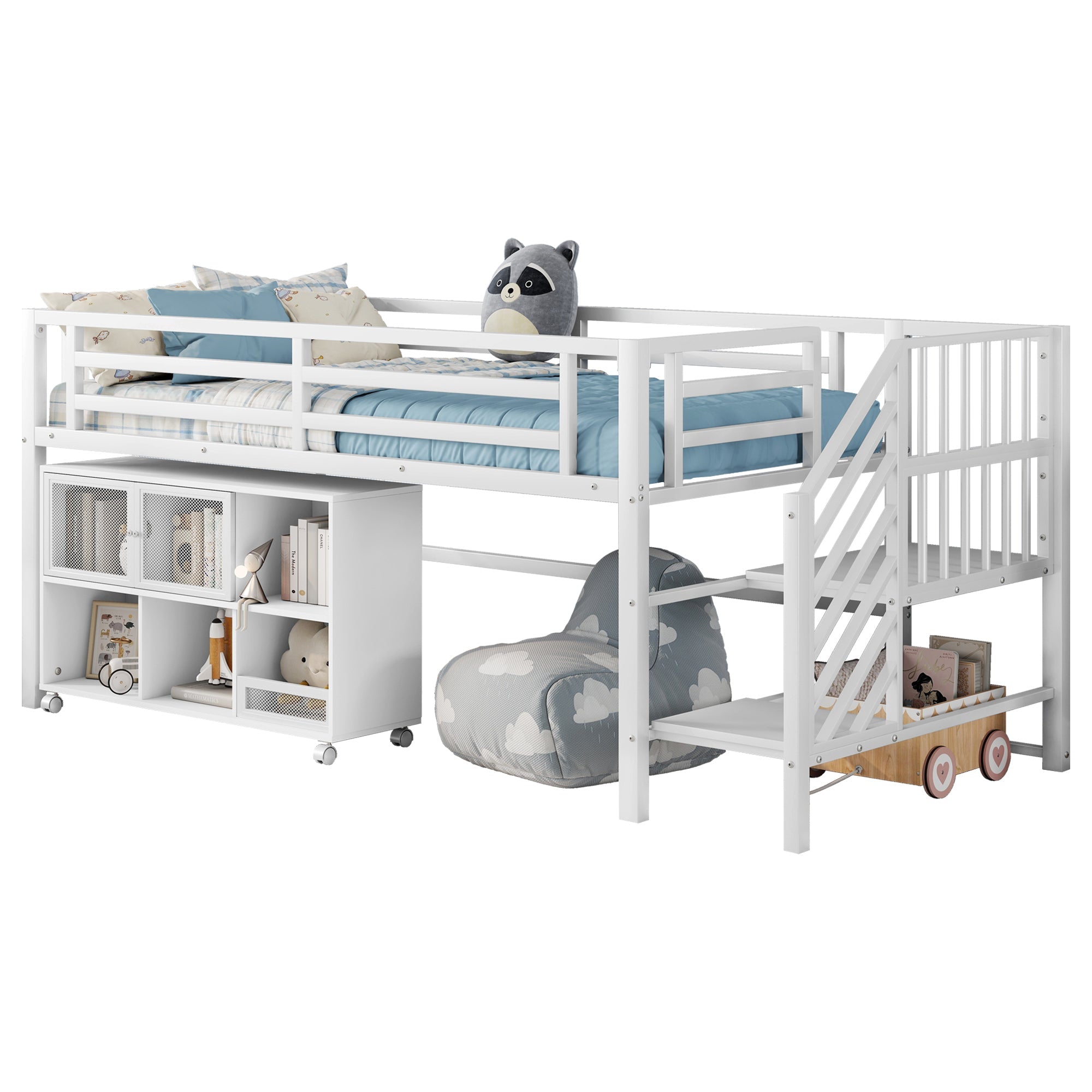 Twin Metal Loft Bed with Storage Cubby, Low Metal Loft Bed with Stairs for Kids, White, Expect Arrival Date 2025/11/10
