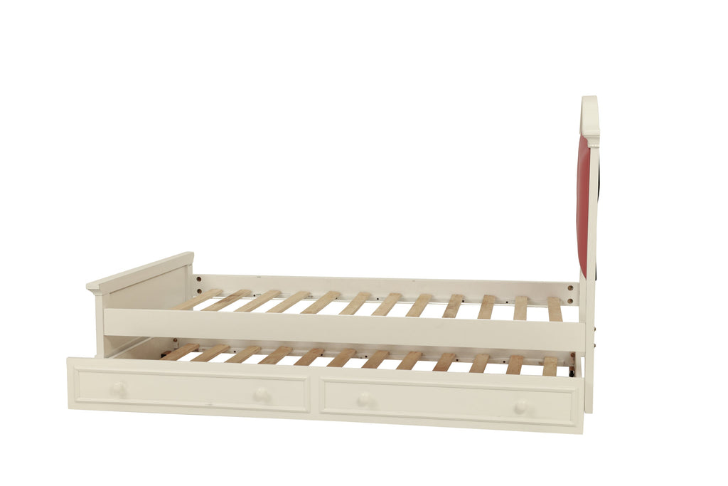 Contemporary Style Twin Size Bed w/ Trundle Slats Pine Plywood Kids Youth Bedroom Furniture Pink Faux Leather Tufted HB
