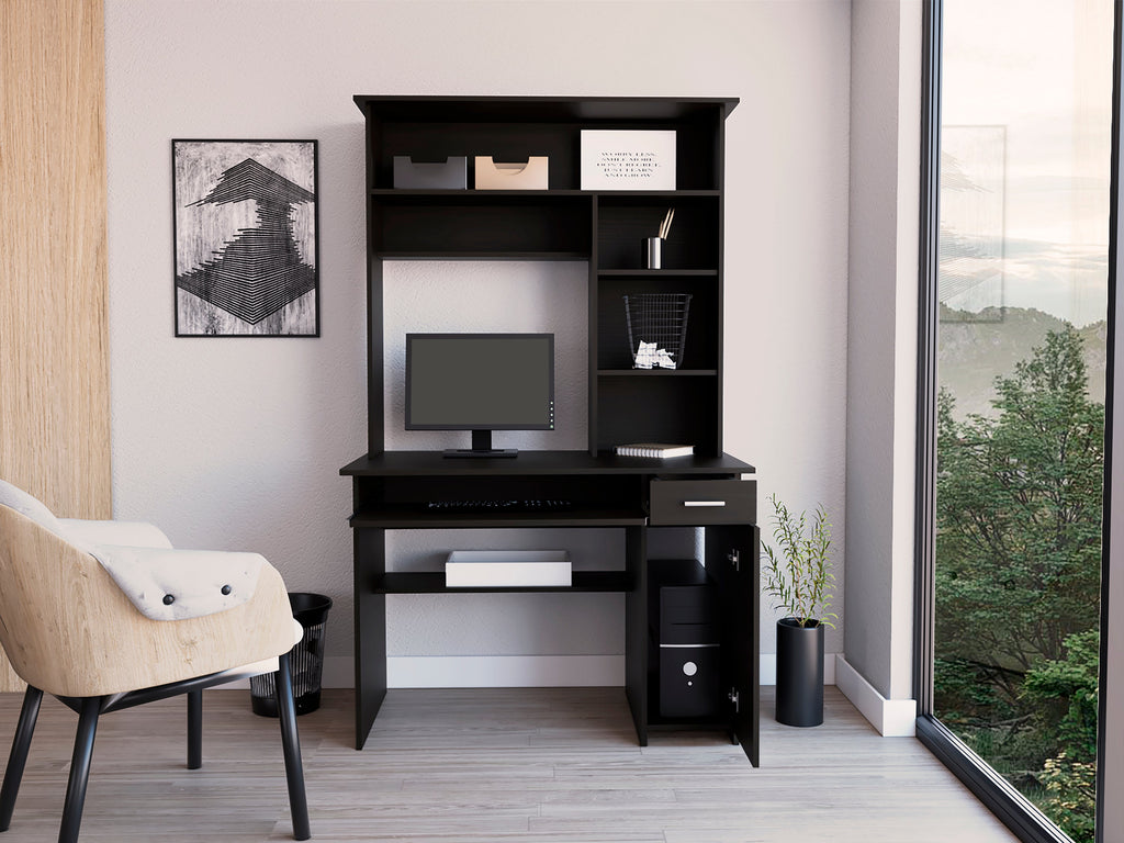 Compu Hutch Desk, Keyboard Tray, Door Panel For CPU, Multiple Shelves, One Drawer, Black
