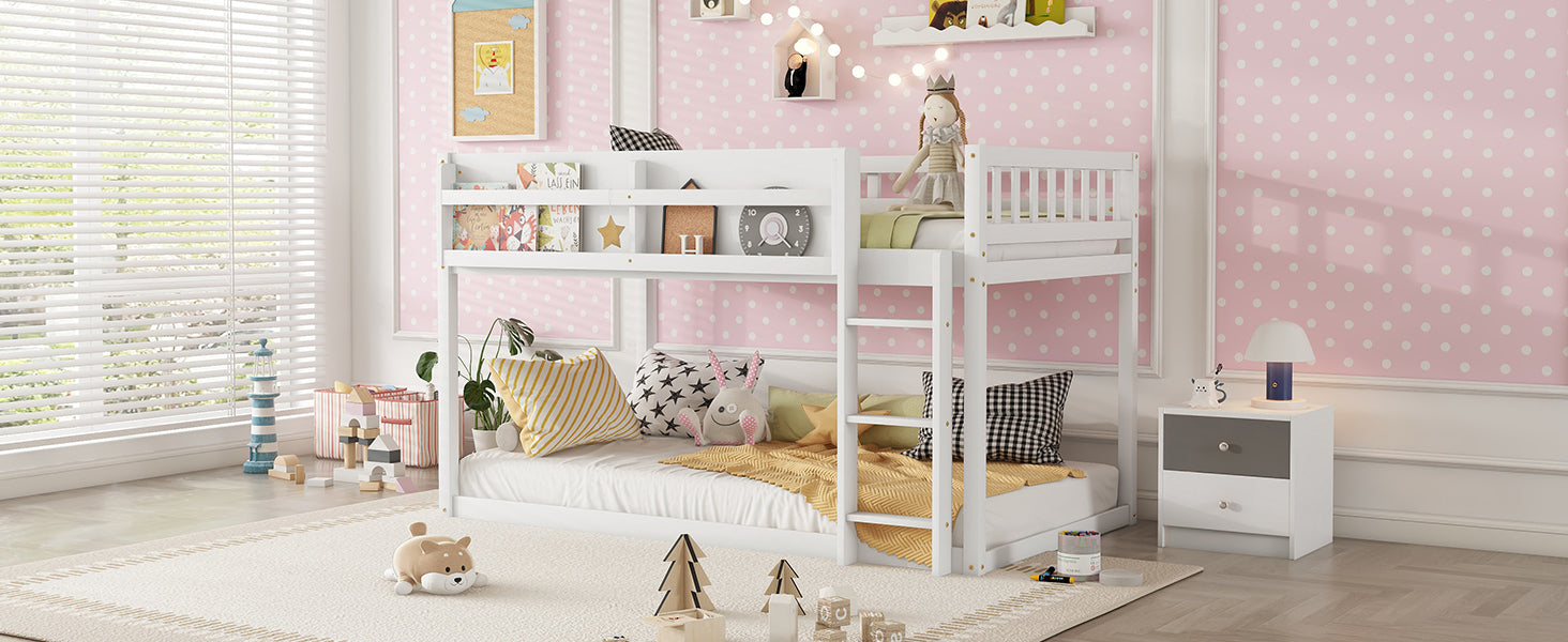 Low Twin Over Twin Bunk Bed, Floor Bunk Bed with Ladder, Solid Wood Twin Bunk Bed for Kids & Juniors, White(Expect Arrival Date 2025/11/25)