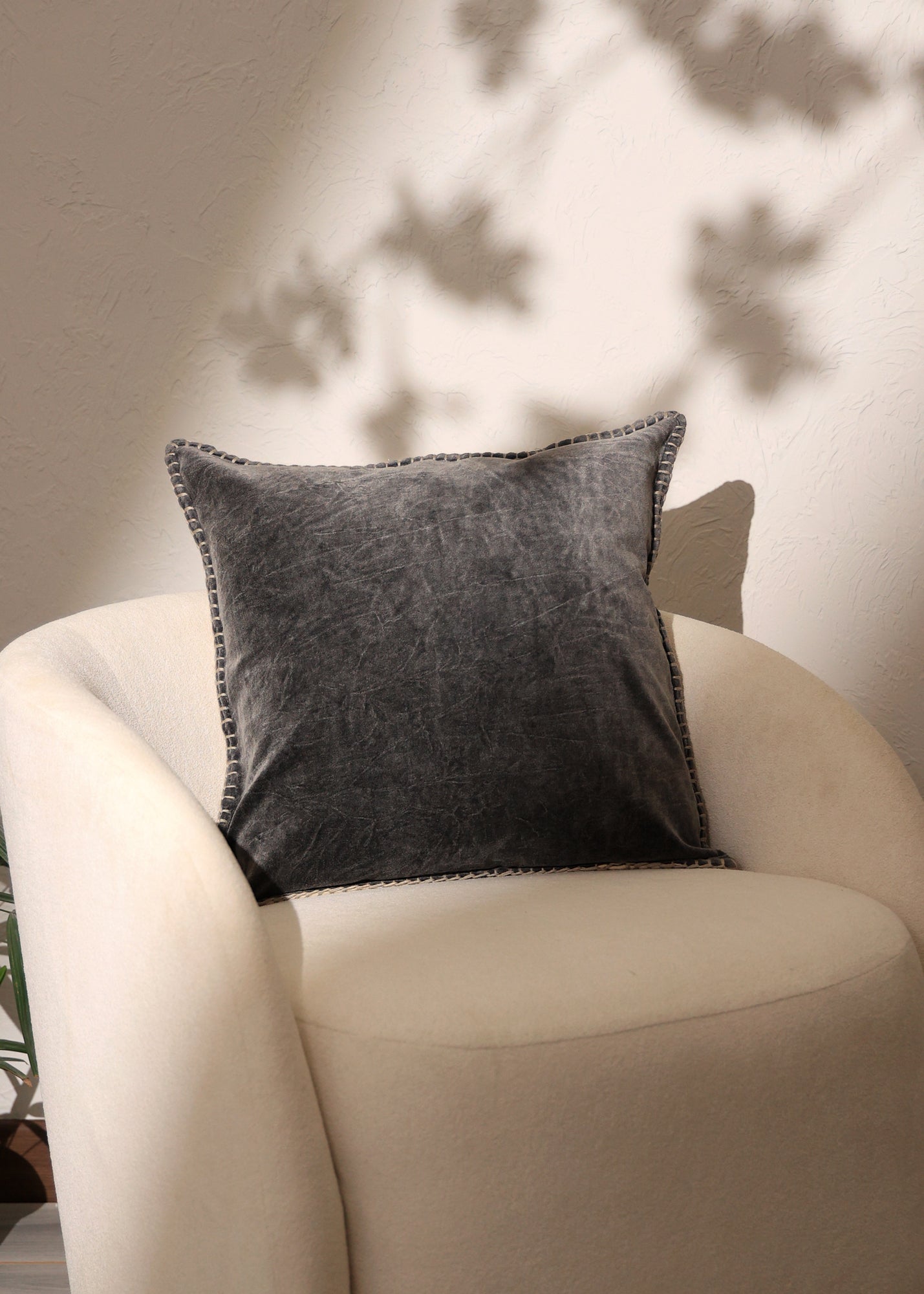 Stonewashed Cotton Velvet Throw Pillow with Decorative Handstiched Edges-19X19'