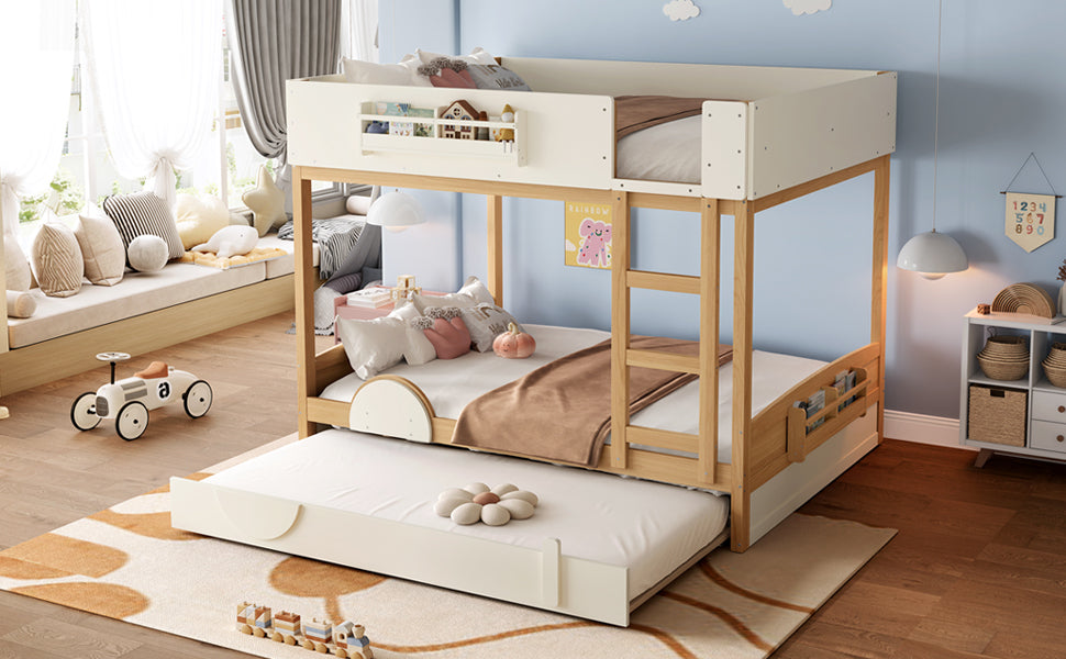 Queen Bunk Bed with Trundle , Wood Bunk Bed Frame with Built-in Bookshelf and High-quality Safety Guardrail,Automobile Form Design for Kids,Natural＆Beige