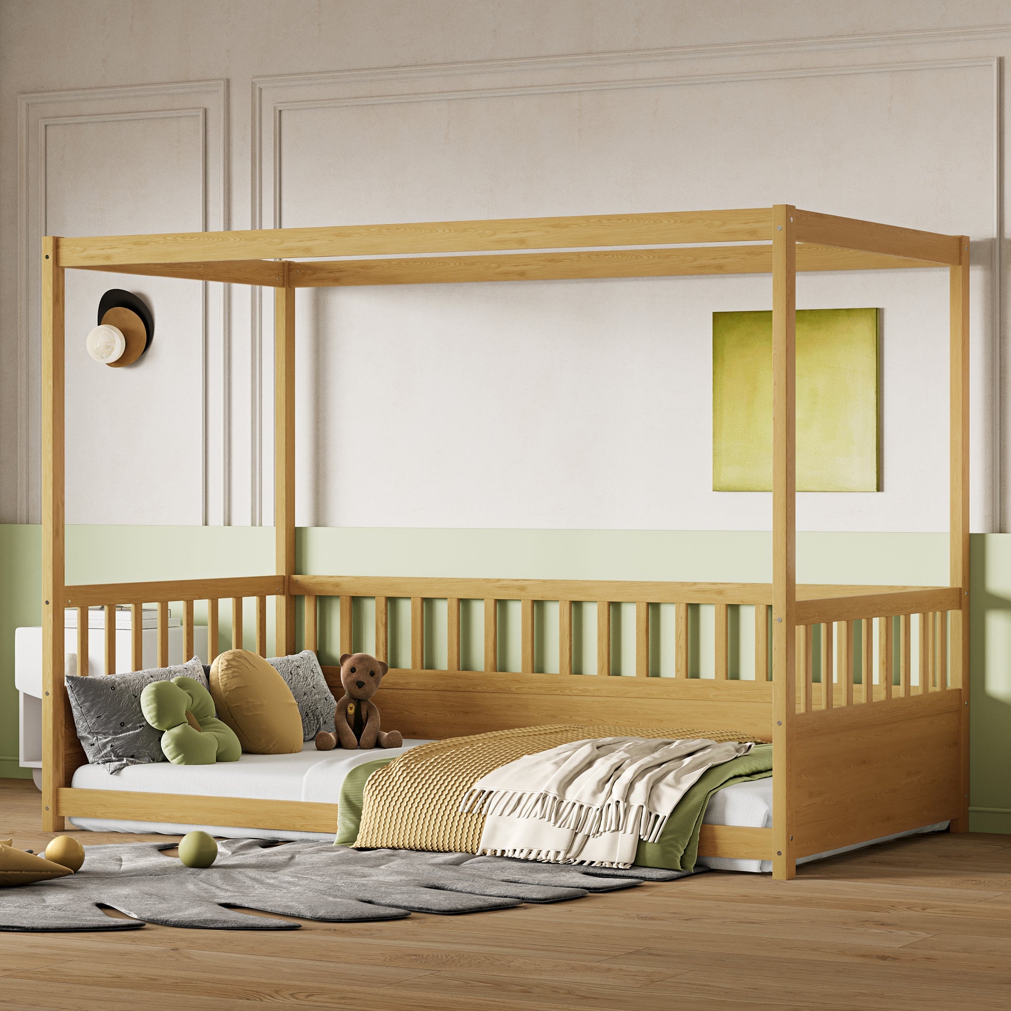 Twin Size Canopy Bed Frame with Guardrails for Kids,Floor Bed Twin with Four Poster Design,Kids Montessori Floor Bed,Wood Canopy Bed Frame for Girls,Boys(Twin,Natural)