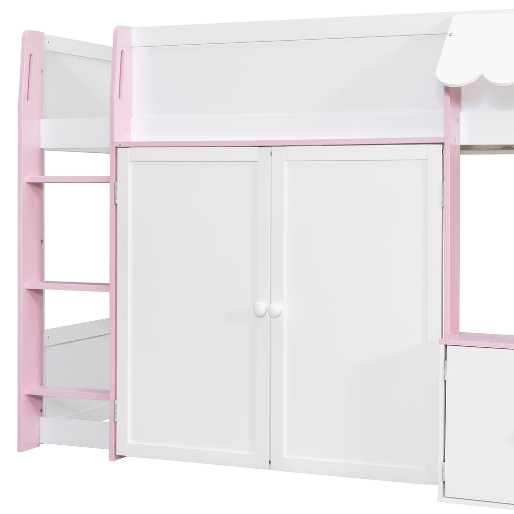 Full Loft House Bed with Playhouse & Storage, Modern Wood Cabin Bed for Kids/Teens, White+Pink