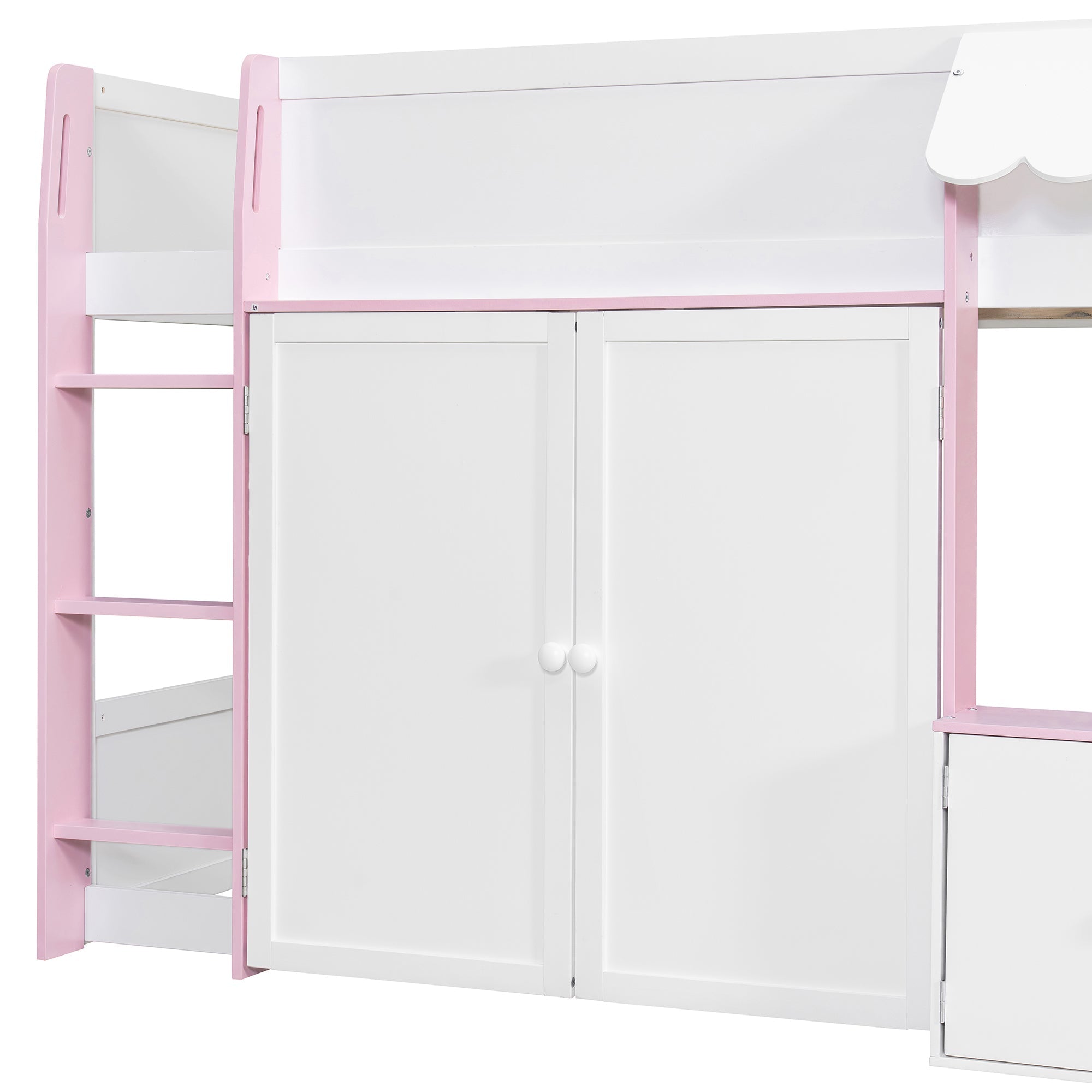 Full Loft House Bed with Playhouse & Storage, Modern Wood Cabin Bed for Kids/Teens, White+Pink