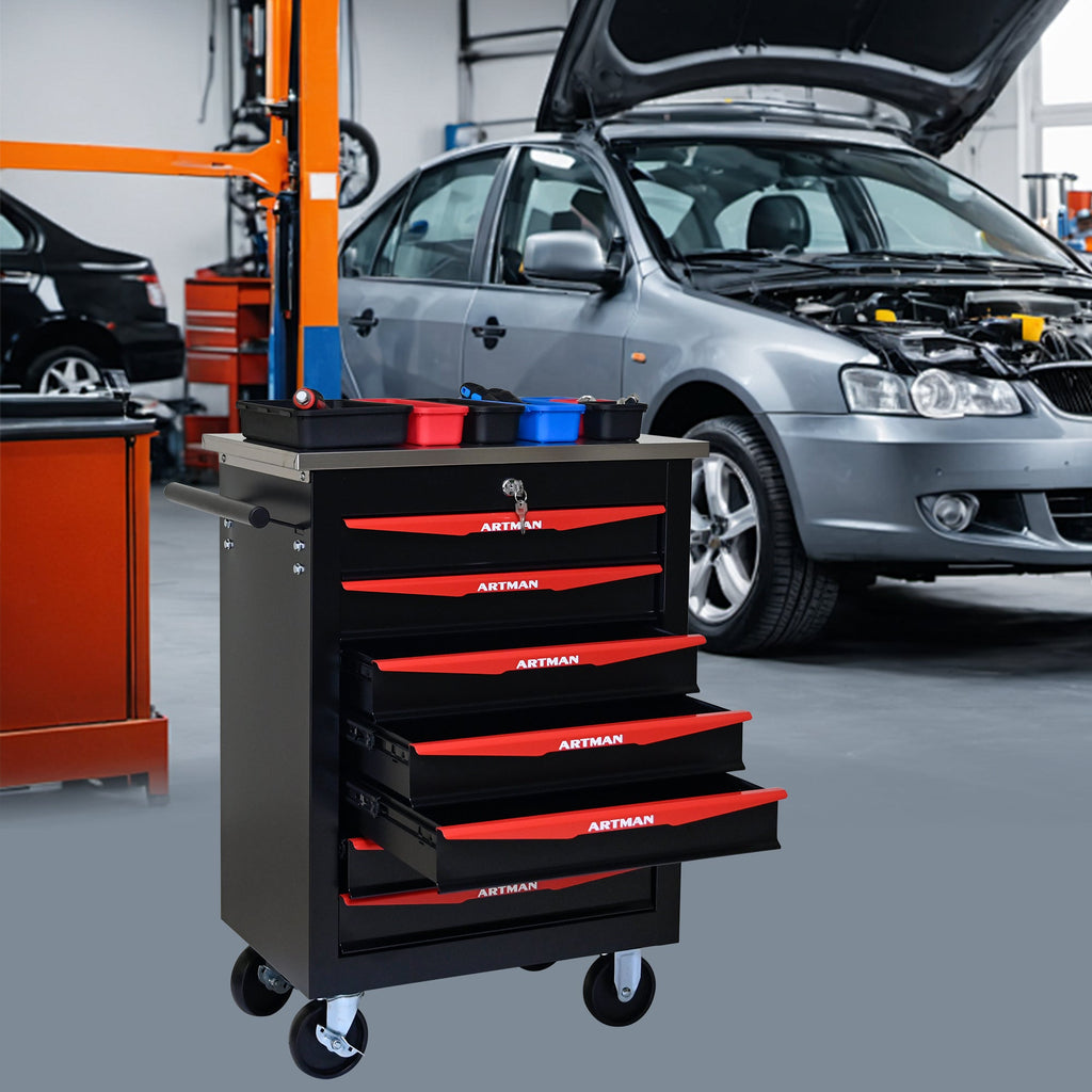 7-Drawer Multifunctional Tool Cart with Wheels, Metal Rolling Tool Cart Storage for Garage Workshop Warehouse Repair Shop - with Stainless Steel Roof - Black & Red
