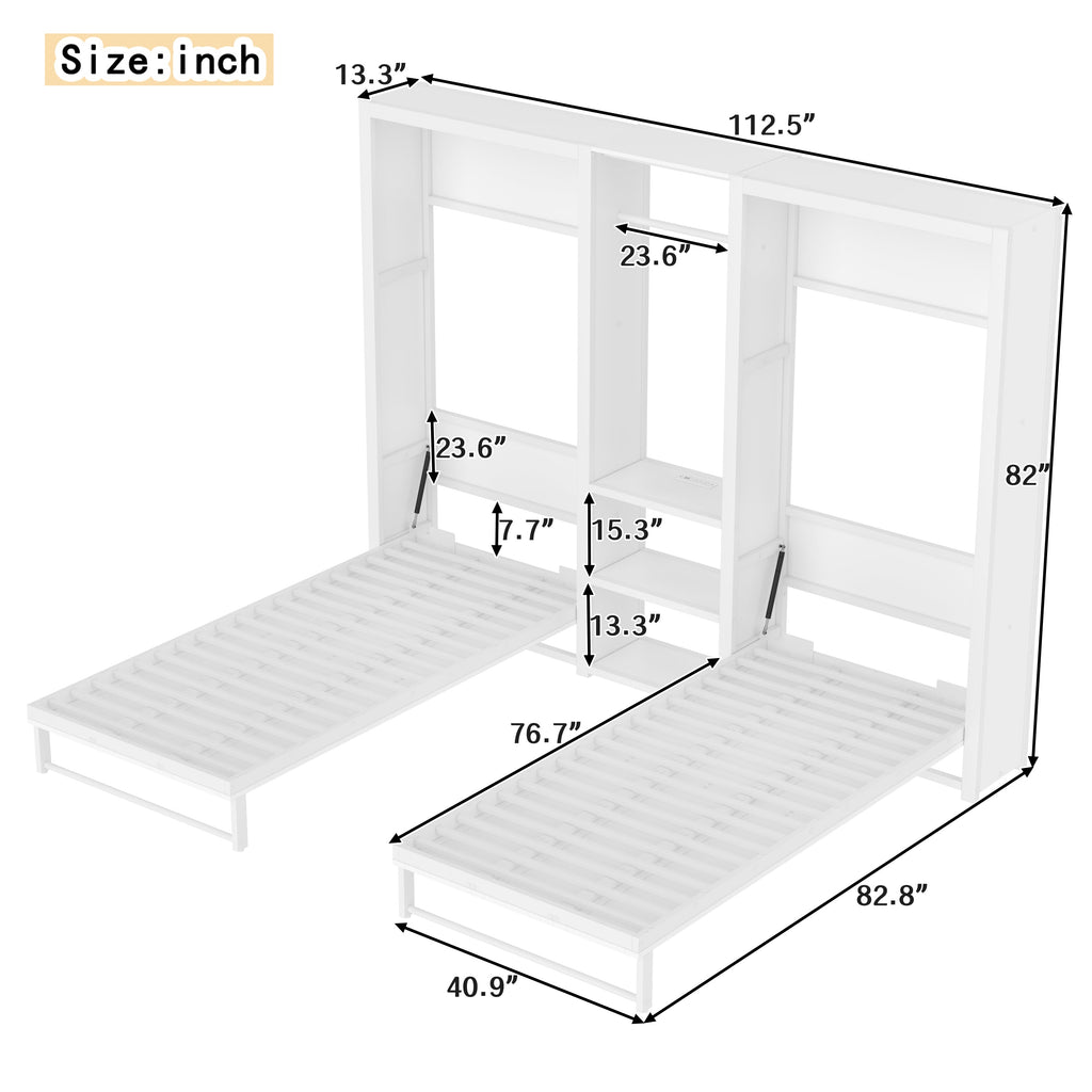 Twin and Twin Murphy Bed, Metal Foldable Murphy Bed with Wardrobe, Shelves and Power Outlets, 2 in 1 Design, Space-saving, White