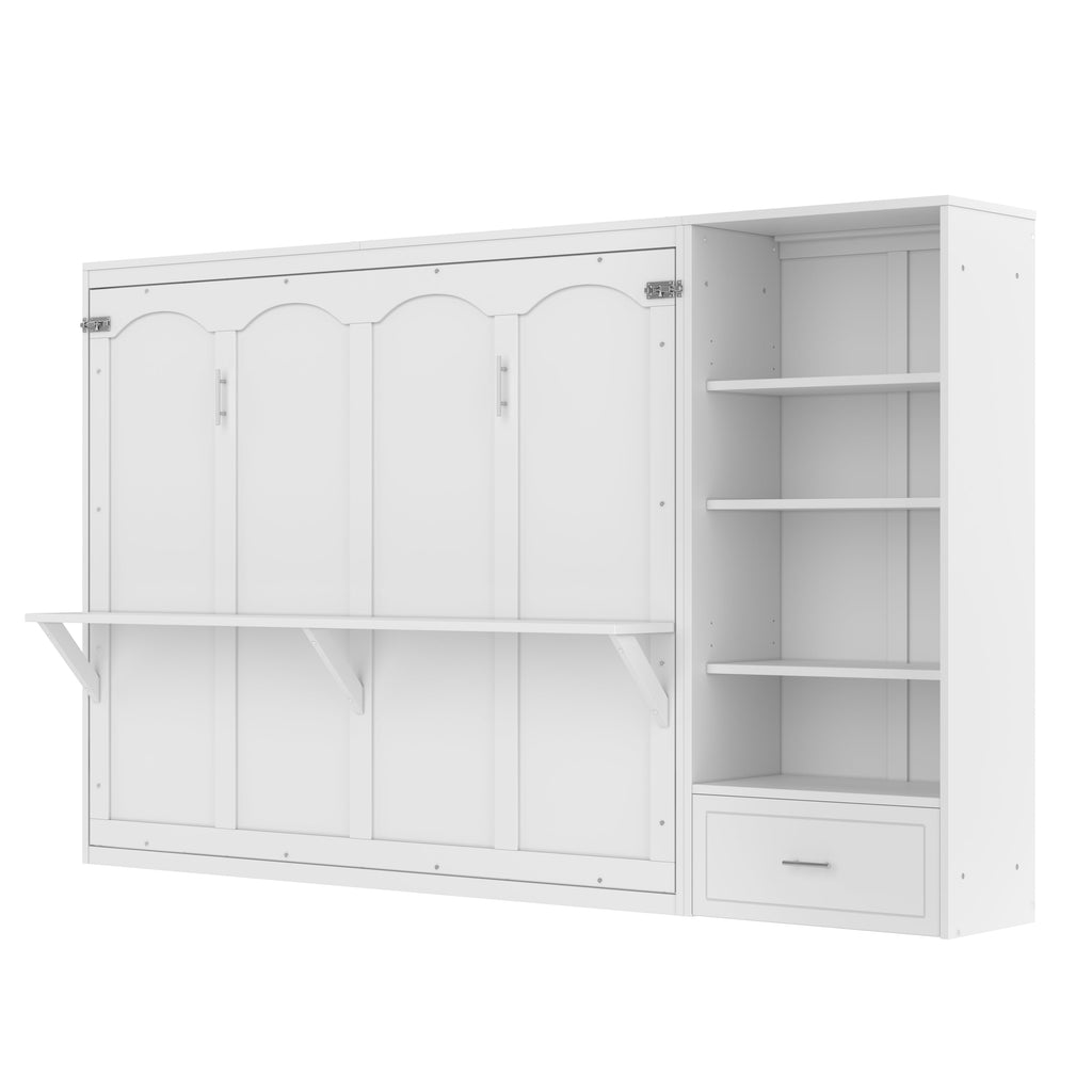 Queen Size Murphy Bed with Height Adjustable Storage Compartments and Shelf, Wall Bed Frame With 1 Drawer, Multifunctional Foldable Platform Bed for Small Space,Bedroom,Guest Room, White