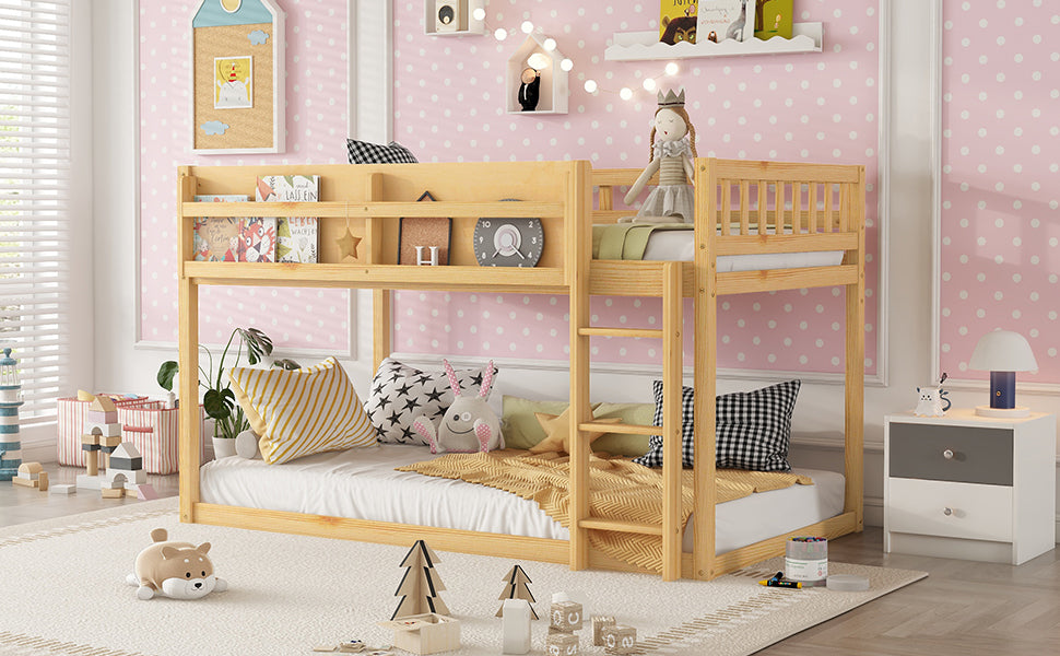 Low Twin Over Twin Bunk Bed, Floor Bunk Bed with Ladder, Solid Wood Twin Bunk Bed for Kids & Juniors, Natural(Expect Arrival Date 2025/11/25)