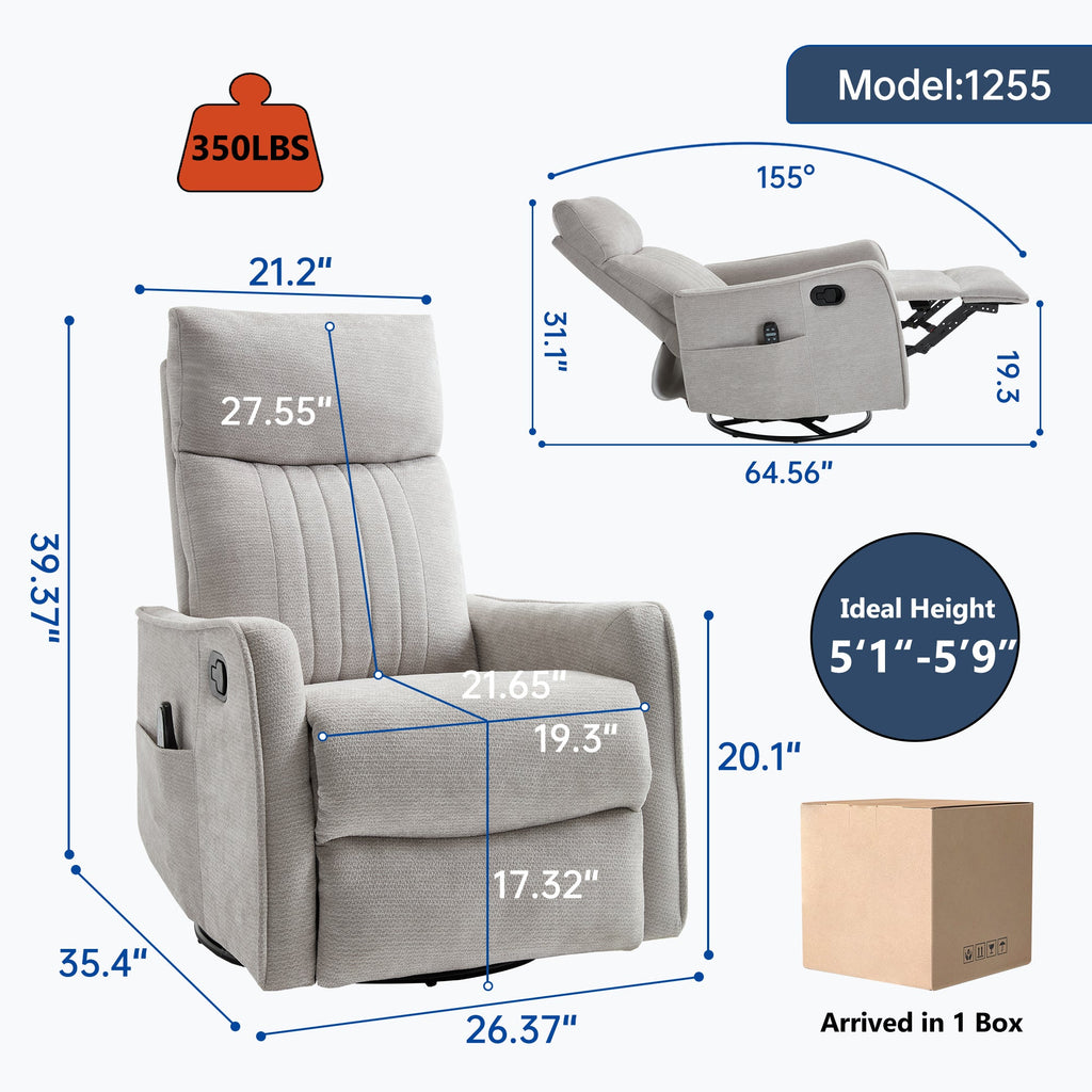 Light Grey Heat Massage Manual Recliner Chair with Rocker and Swivel in Fabric for Living Room