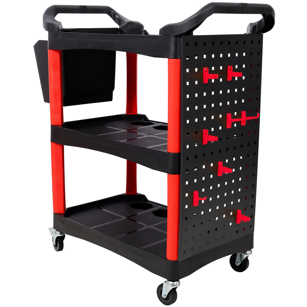 3 Tier Rolling Auto Detail Cart With Wheels,With Bucket & Panel & Hook,for Detailers Garage, Workshop, Repair Shop, Storage Tool,Red&Black