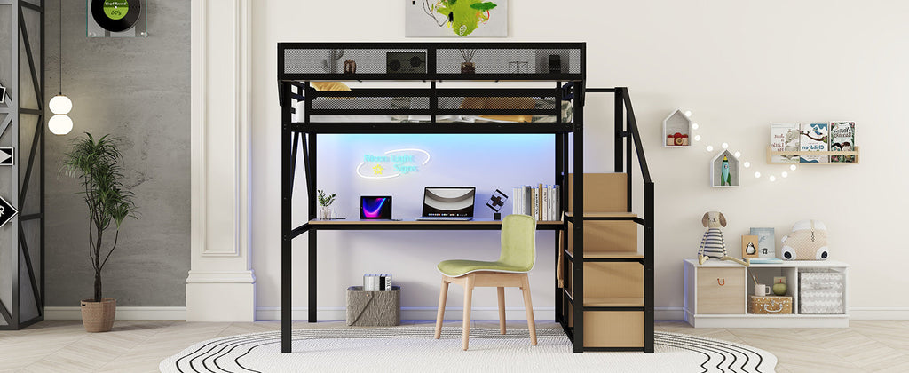 Full Loft Bed with Desk and Charging Station, Full Size Metal Loft Bed with Stairs and Light for Kids Teens, Black, Patent Products