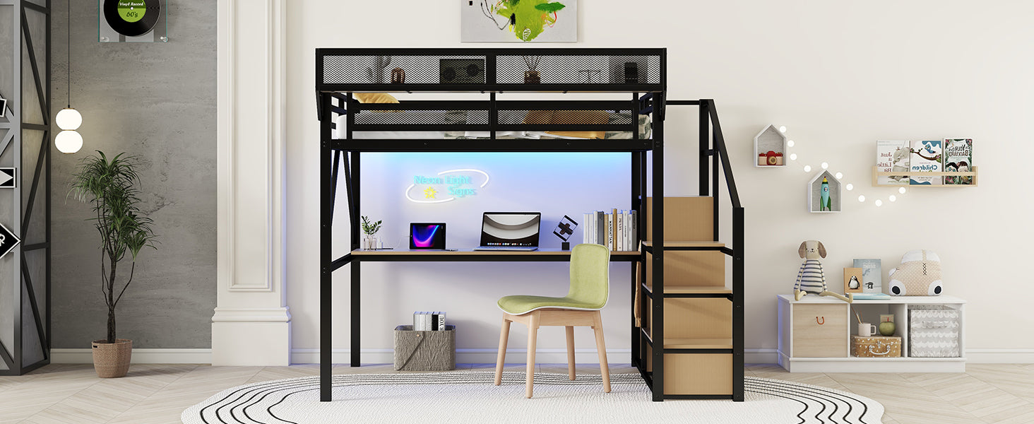 Full Loft Bed with Desk and Charging Station, Full Size Metal Loft Bed with Stairs and Light for Kids Teens, Black, Patent Products