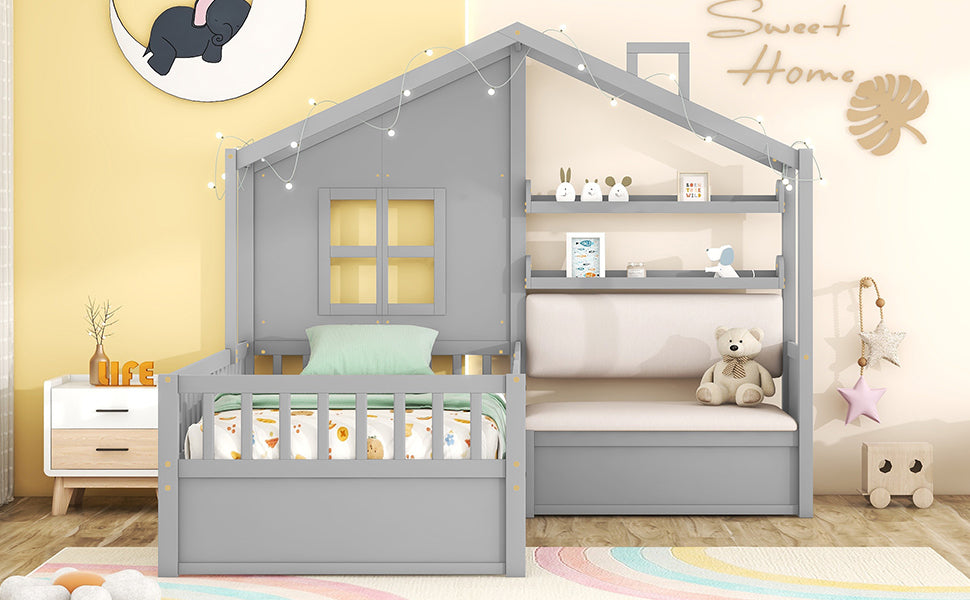 Twin Size House Bed with Sofa, Kids Platform Bed with Two Drawers and Storage Shelf, Gray (Old SKU:HL000065AAE)
