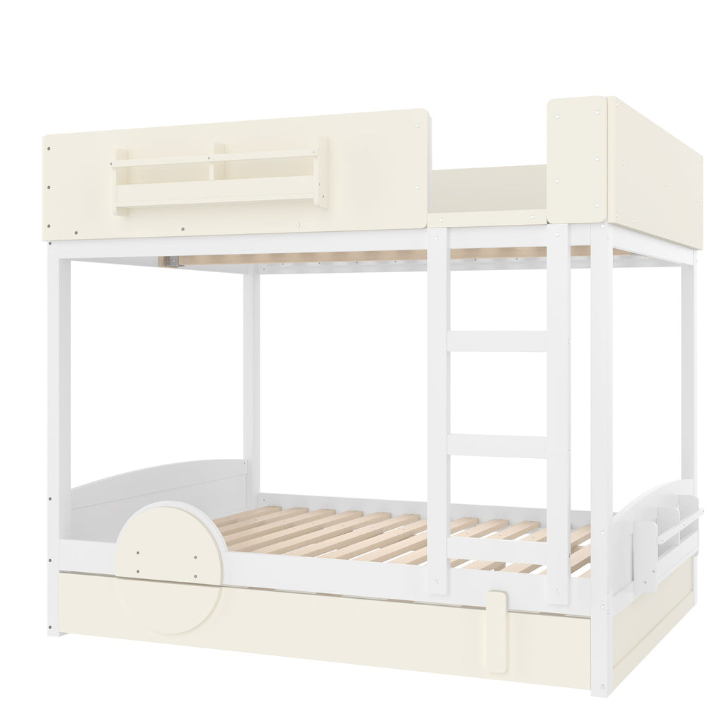 Full Bunk Bed with Trundle , Wood Bunk Bed Frame with Built-in Bookshelf and High-quality Safety Guardrail,Automobile Form Design for Kids ,White＆ Beige.