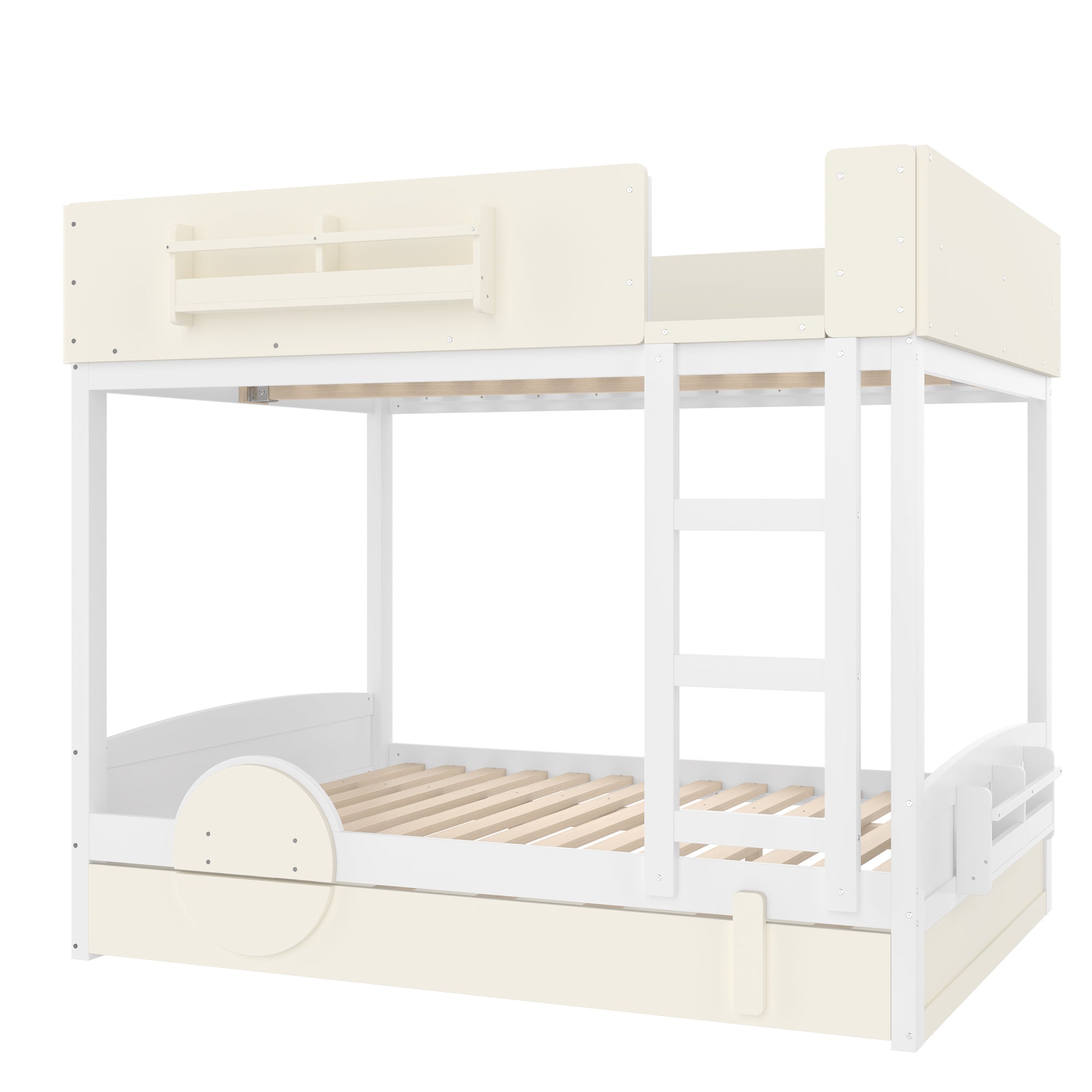 Full Bunk Bed with Trundle , Wood Bunk Bed Frame with Built-in Bookshelf and High-quality Safety Guardrail,Automobile Form Design for Kids ,White＆ Beige.