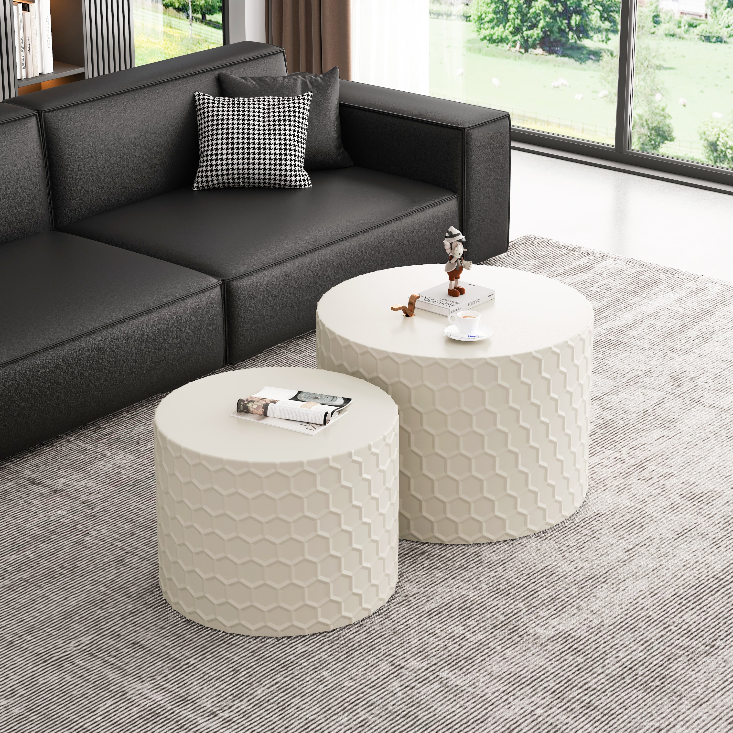 Stylish and Minimalist Nesting Coffee Table Set with Honeycomb Design, Modern Round Coffee Table, Drum Circle Coffee Table  for Living Room, Bedroom, Beige(Set of 2 Pieces)