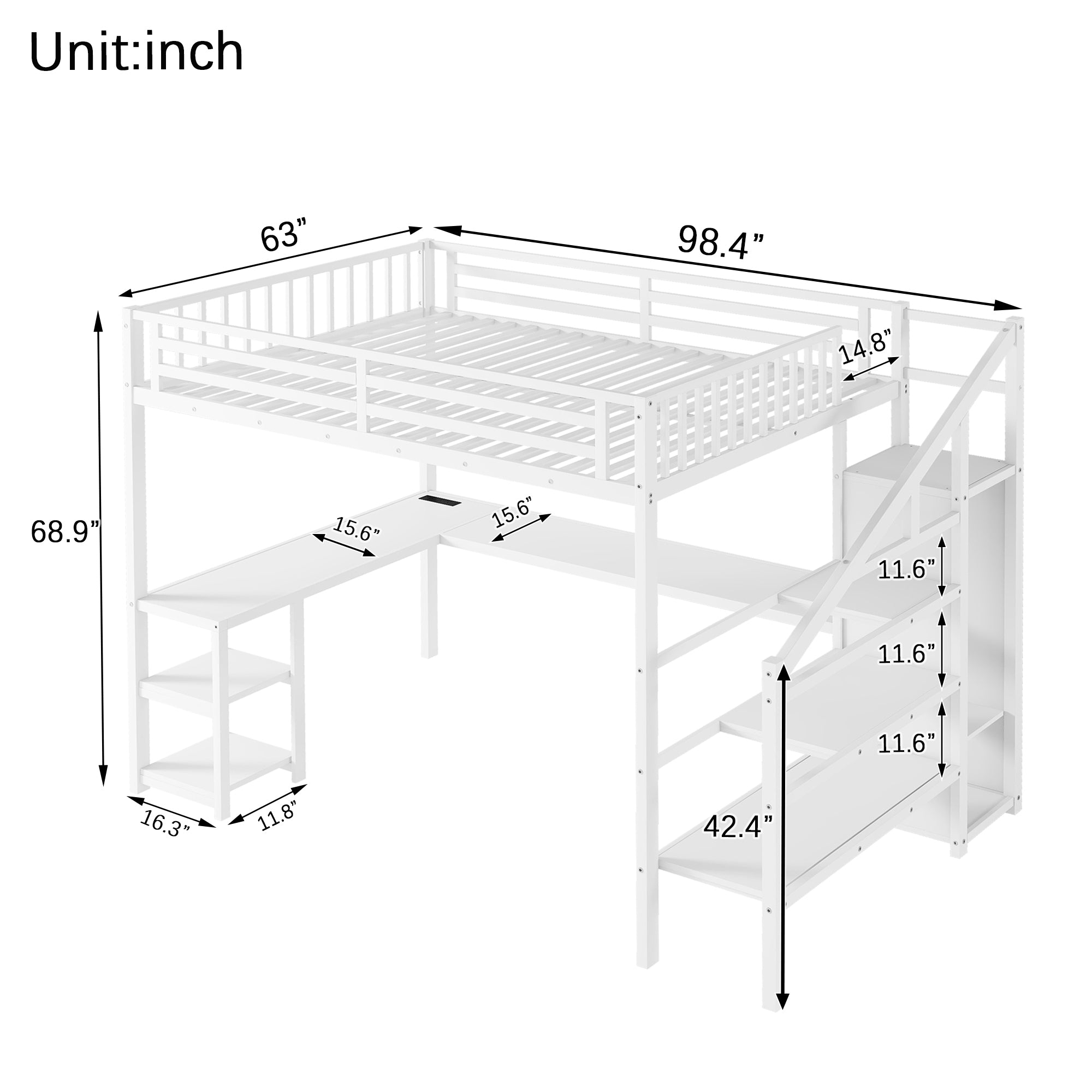 Metal Queen Loft Bed with Wardrobe and LED Light, Queen Size Loft Bed with L Shaped Desk and USB for Kids Teens Adults, White