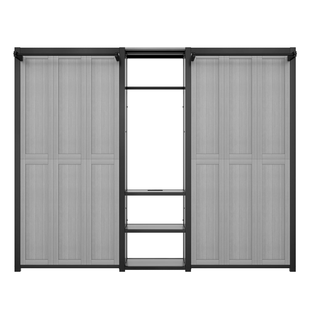 Twin and Twin Murphy Bed, Metal Foldable Murphy Bed with Wardrobe, Shelves and Power Outlets, 2 in 1 Design, Space-saving, Gray