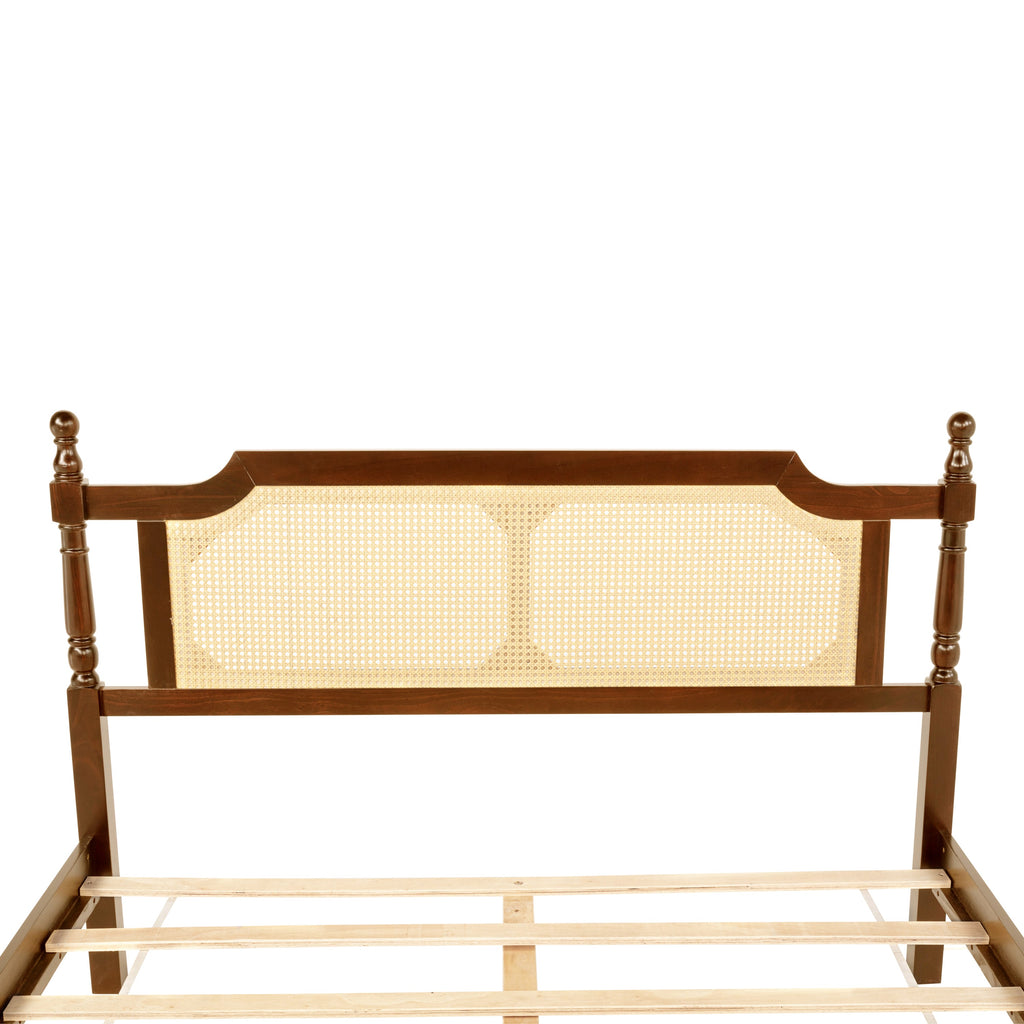 Queen Pine wooden Bed with Rattan Headboard  and Footboard, with  Central Enhanced Bed Platform,Walnut